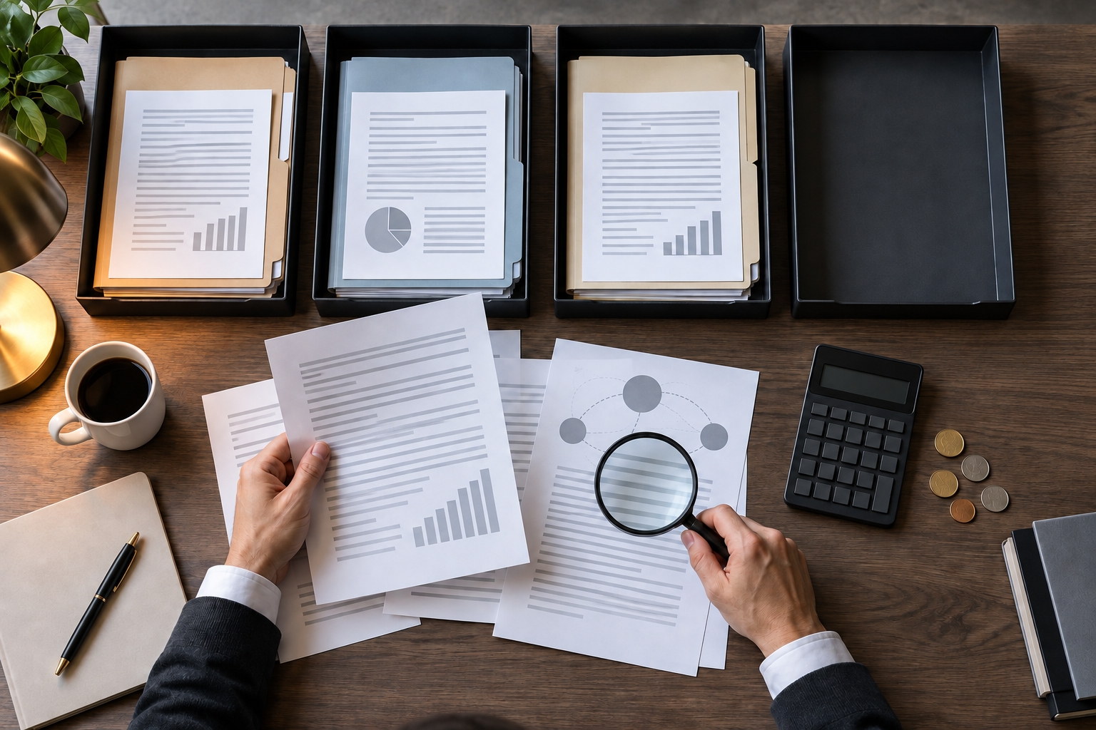 An auditor's hands examine separate financial folders and document pages arranged in evidence trays, with a magnifying glass, calculator, coins, and one empty tray.