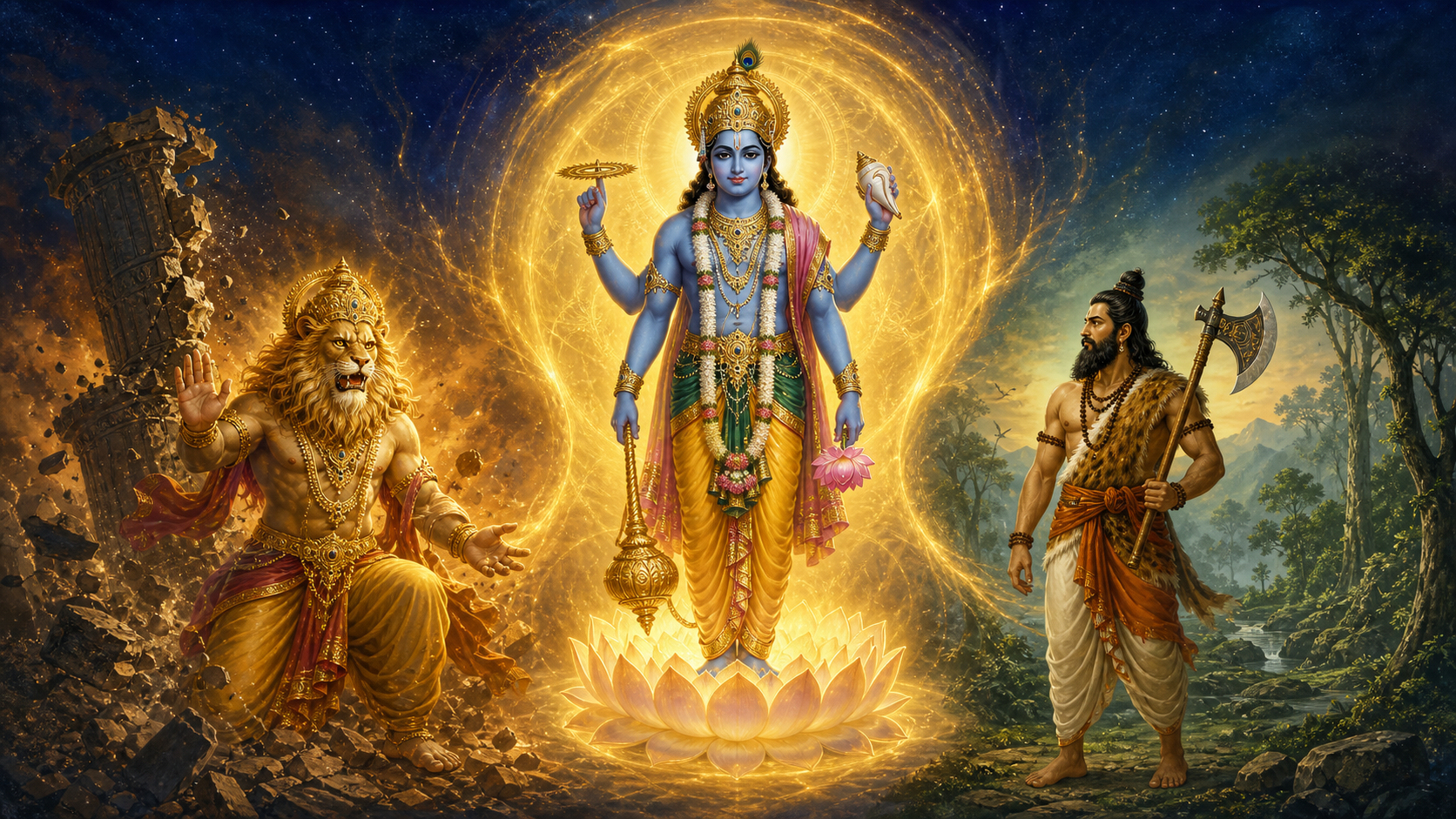 Vishnu stands on a luminous lotus between Narasimha emerging beside a broken pillar and axe-bearing Parashurama in a forest setting.