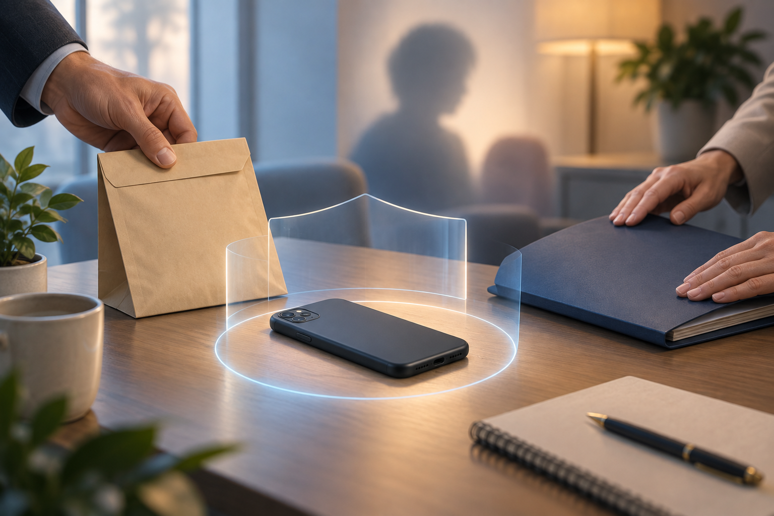 A face-down smartphone and sealed evidence envelope sit inside a protective circle beside an abstract, unidentifiable profile silhouette and a closing privacy folder.