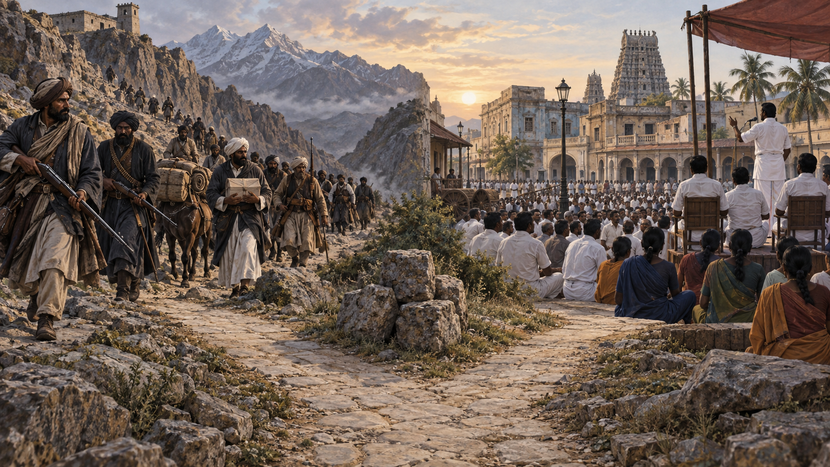 Editorial illustration contrasting an armed religious network in a mountain pass with a South Indian political gathering at a divided crossroads.