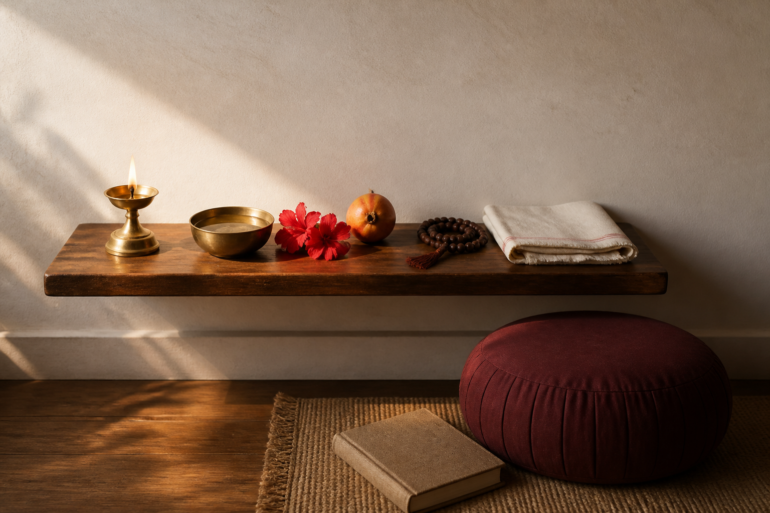 A simple home altar holds one lit brass lamp, red flowers, fruit, water, prayer beads, and a folded cloth beside a meditation cushion.