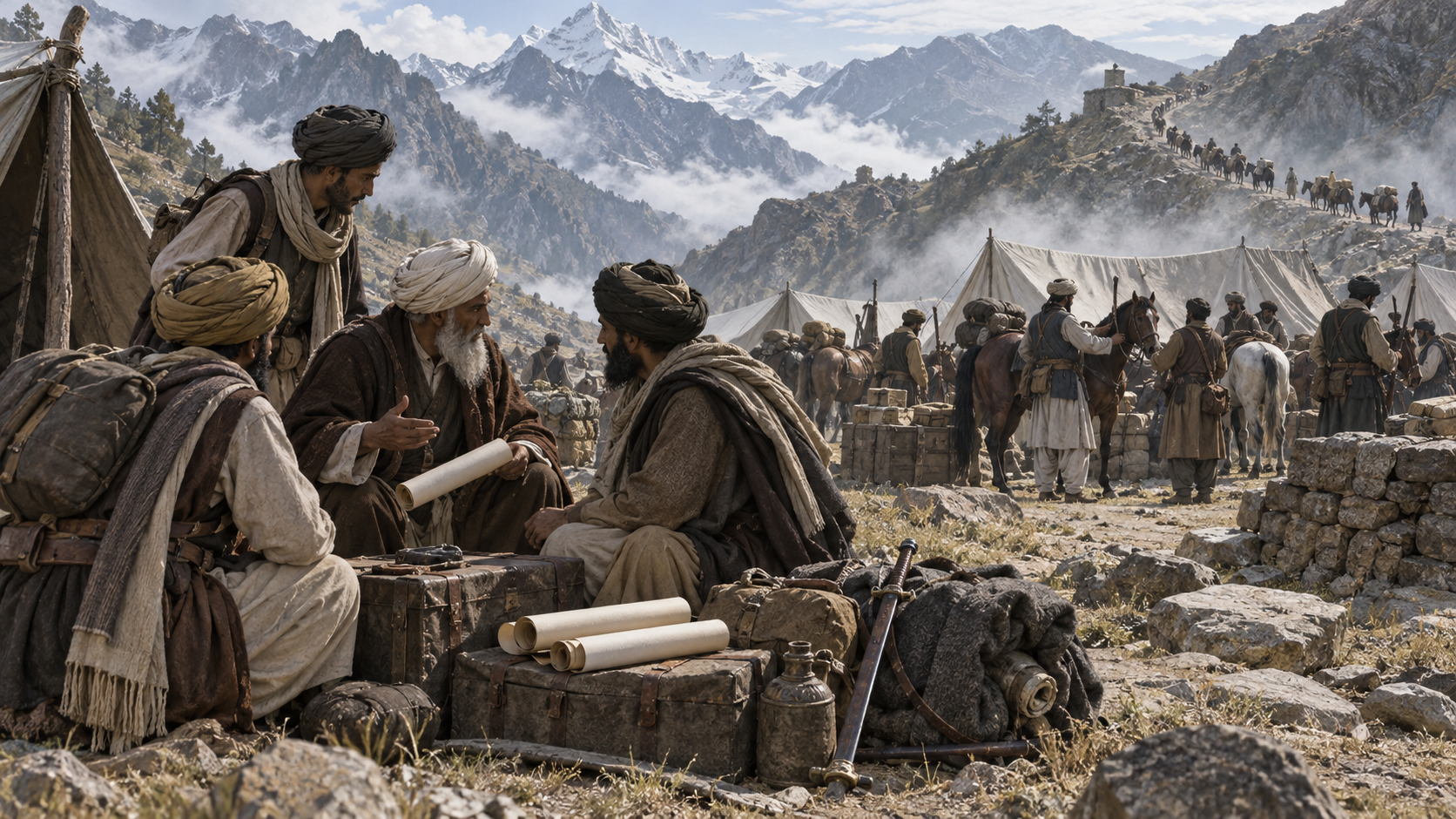 Nineteenth-century clerics, couriers, and armed followers organize supplies at a mountain encampment.