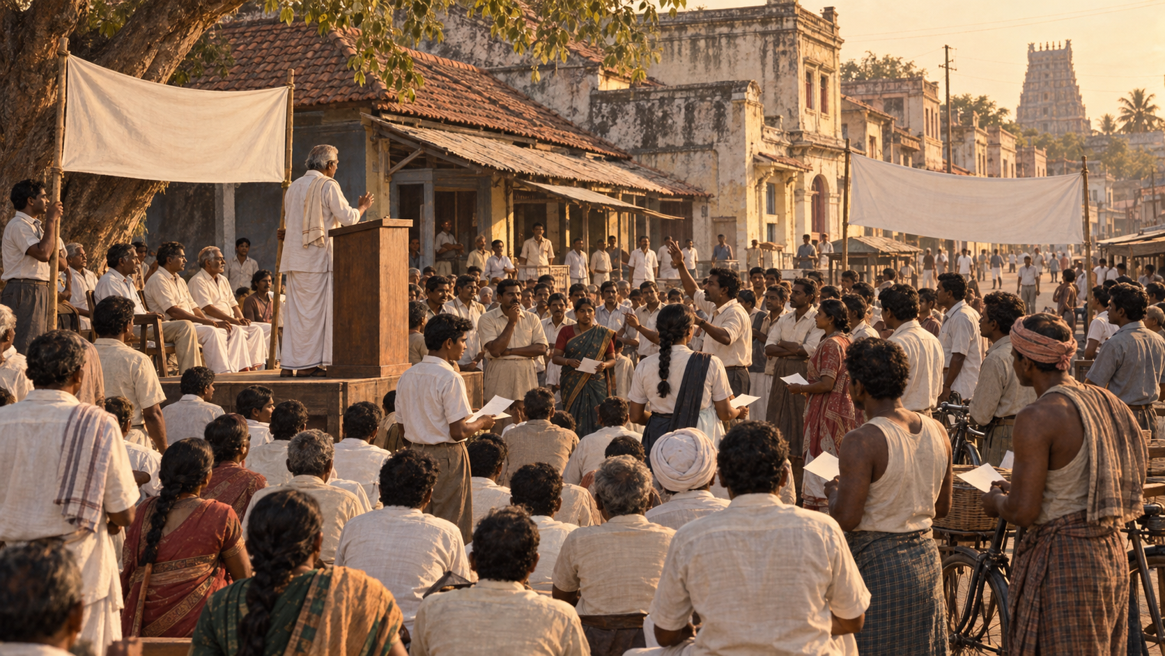 A mid-twentieth-century South Indian reform leader addresses a diverse political gathering with blank banners.