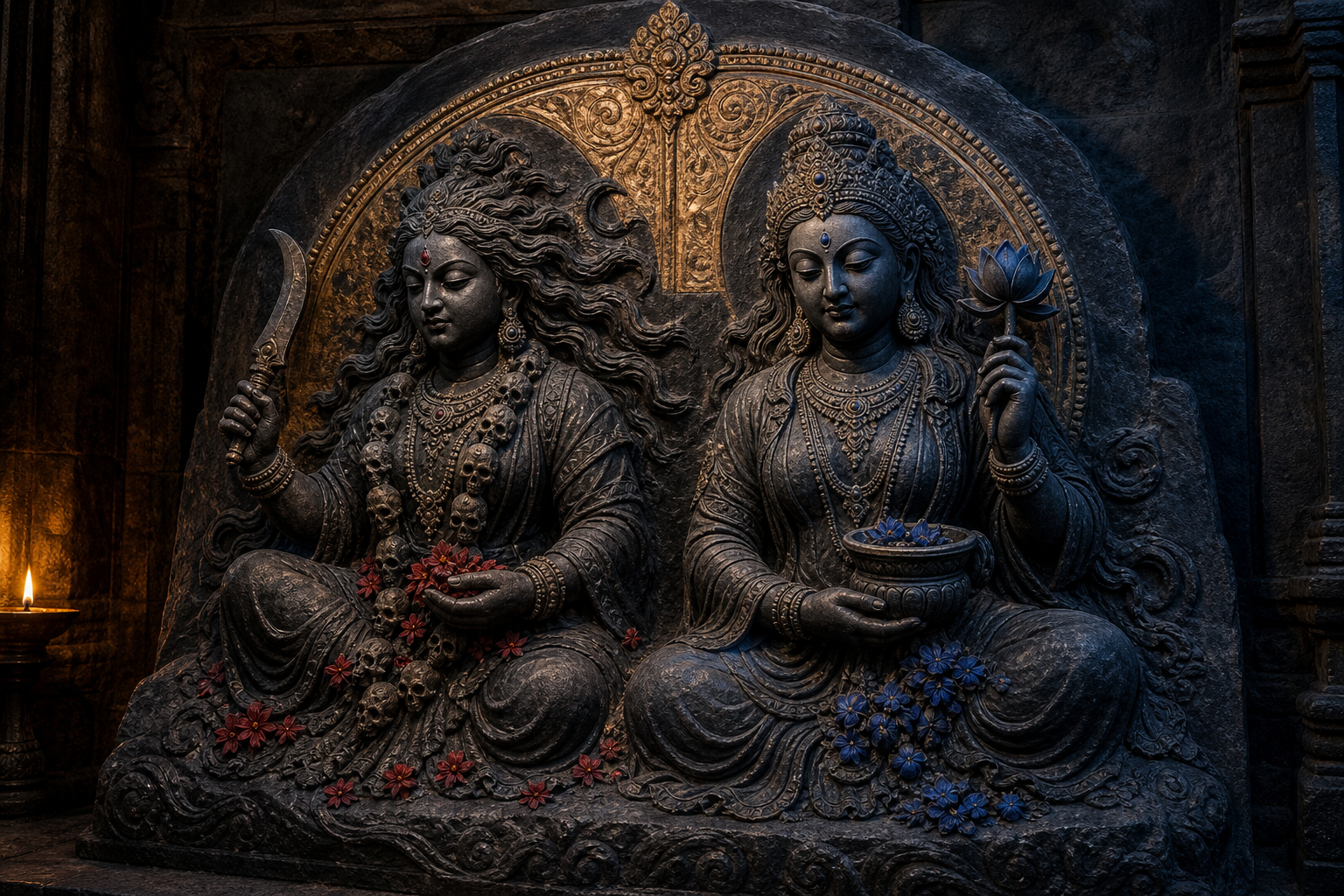Two different goddess reliefs, one accented with red flowers and one with blue flowers, are carved from the same continuous dark stone and share a golden halo.
