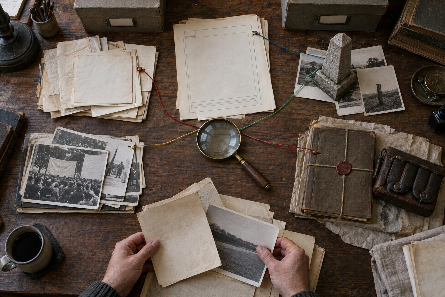 A historian compares five clusters of archival evidence around a magnifying glass on a wooden desk.