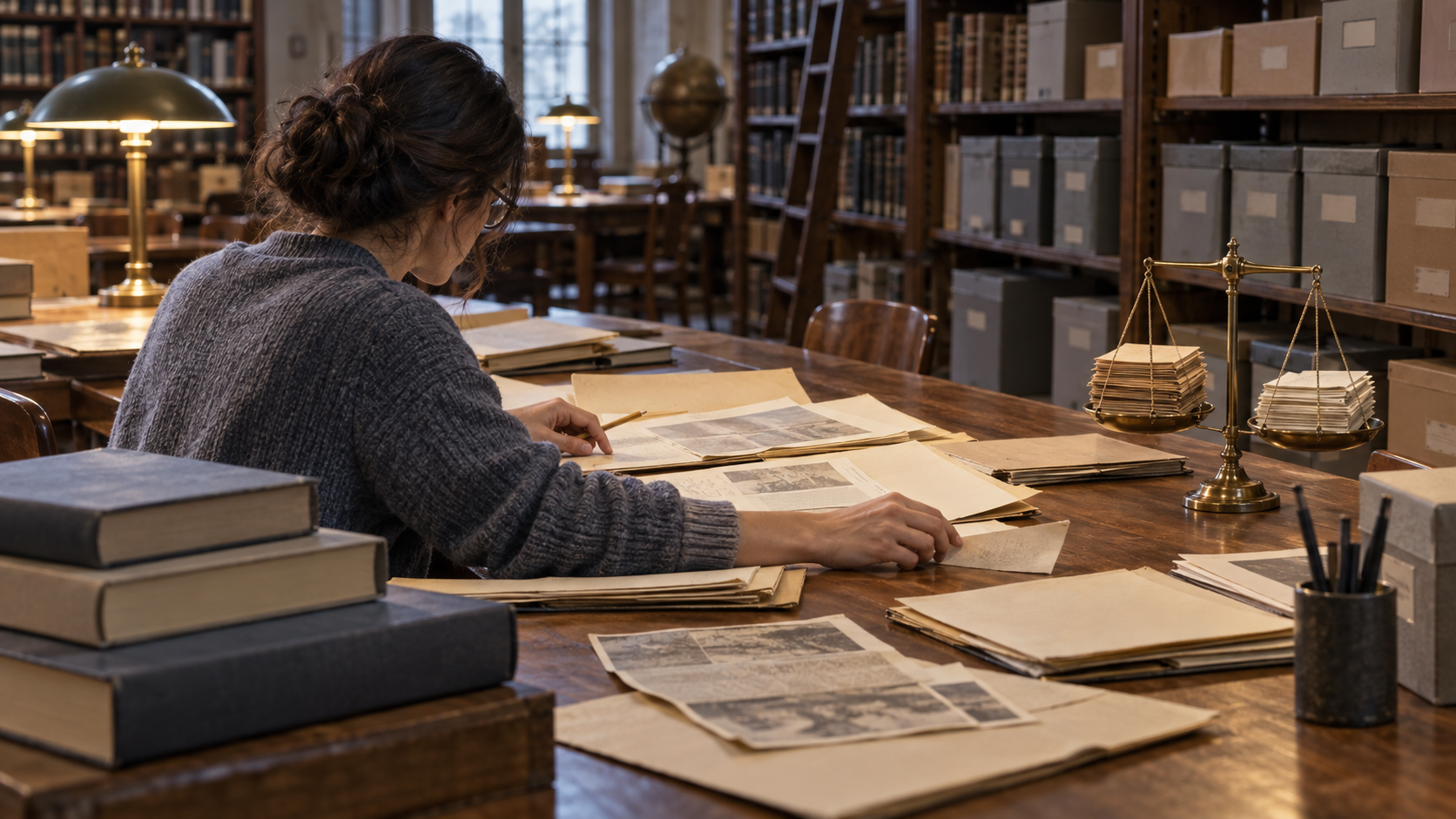 A researcher evaluates several archival sources beside brass balance scales in a library reading room.