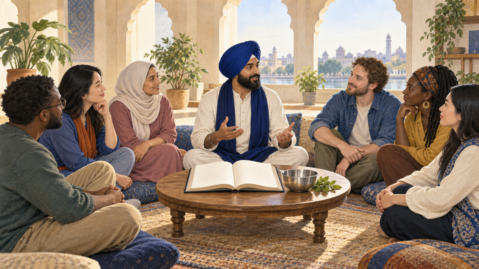 A turbaned Sikh educator leads a diverse circle of adult learners around a low table holding an open study book and a steel communal bowl.