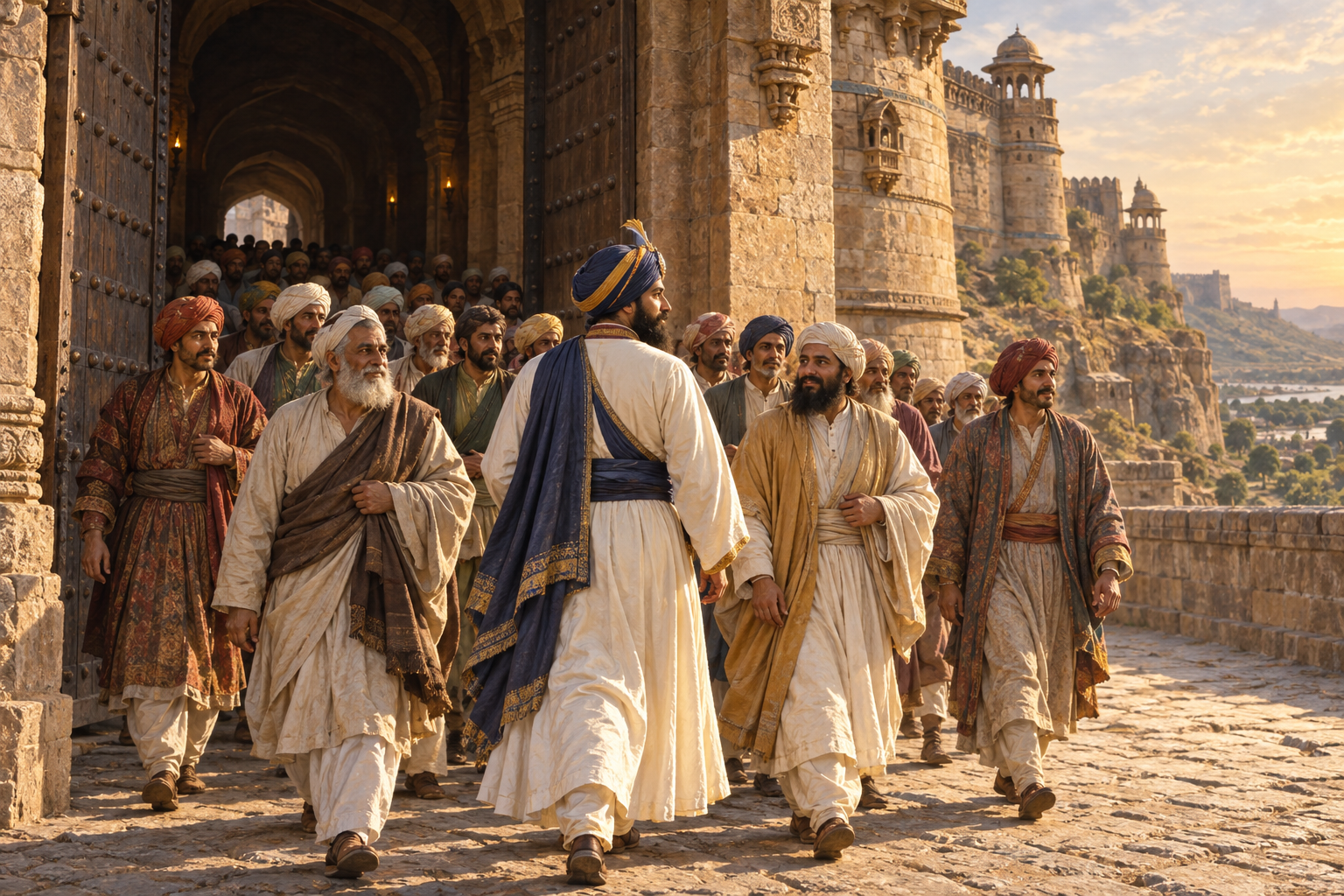 Guru Hargobind walks through the open gateway of Gwalior Fort alongside a large group of released prisoners in seventeenth-century clothing.