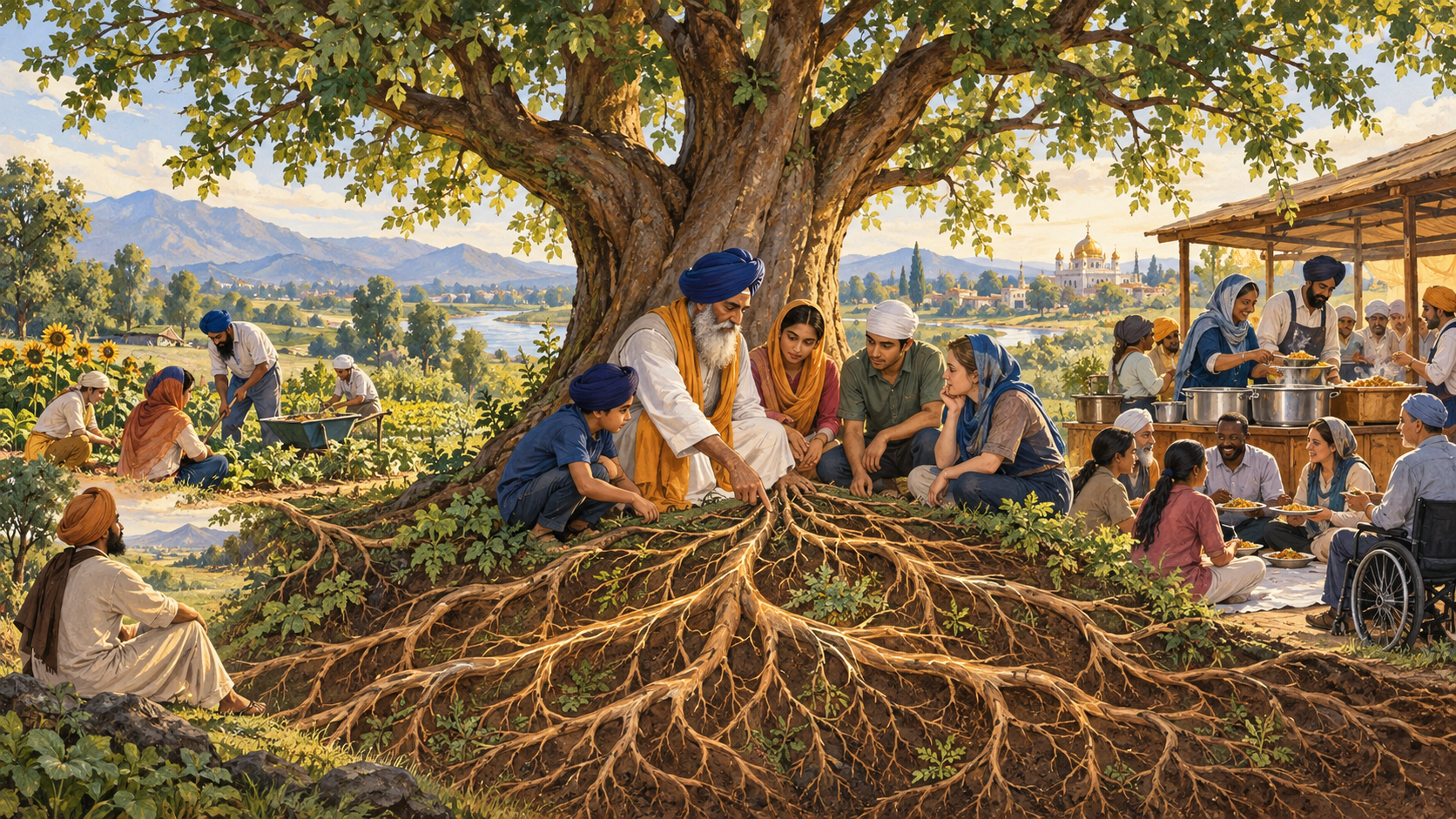 A teacher and learners examine a tree whose connected roots lead to scenes of contemplation, cooperative work, food service, and a shared meal.