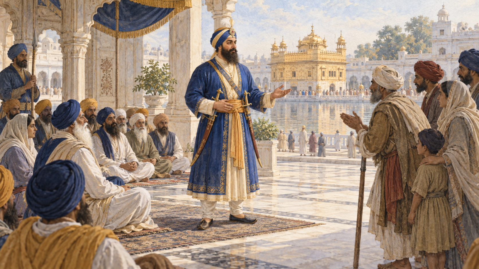 Guru Hargobind stands in a seventeenth-century courtyard with two sheathed swords as a seated congregation and public petitioners gather on either side.