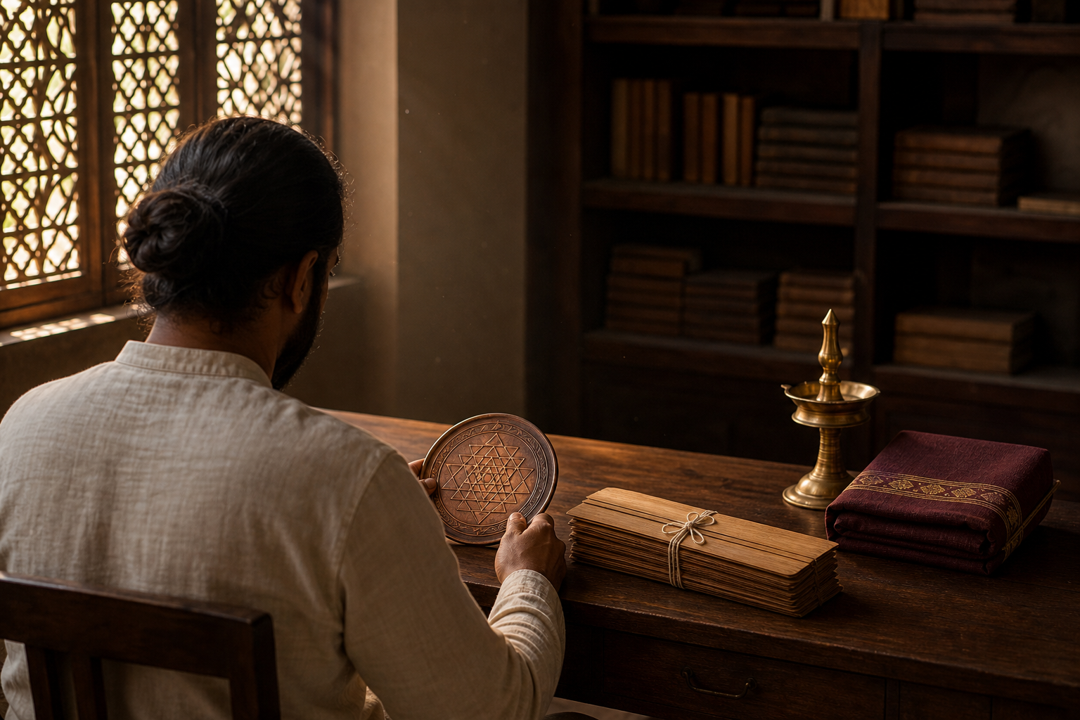 A reader sits at a wooden desk with a copper Sri Chakra, a tied palm-leaf manuscript bundle, a closed ritual box, and an unlit brass lamp.
