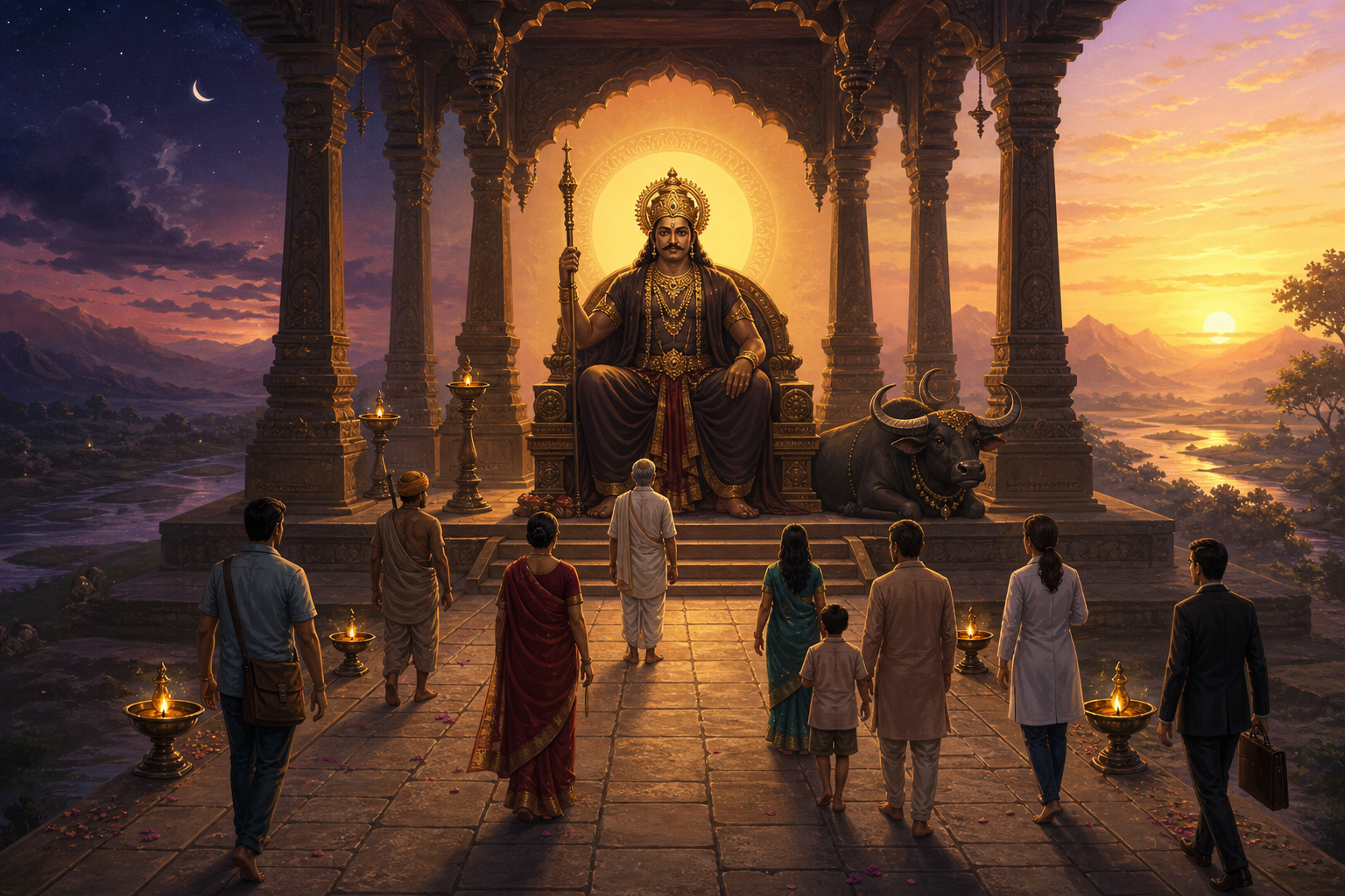 Yama receives people in an orderly celestial pavilion while his black buffalo rests nearby and the sky shifts from twilight to dawn.