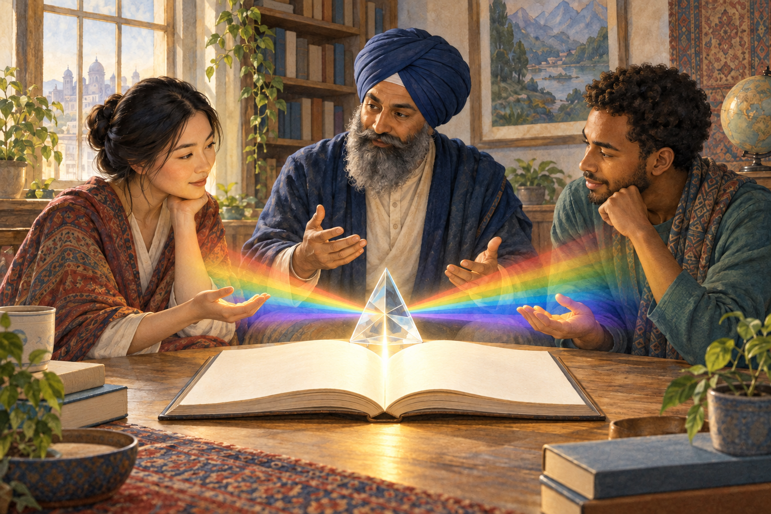 A Sikh scholar and two learners sit around an unmarked open book as light passes through a glass prism and reaches each person in different colors.