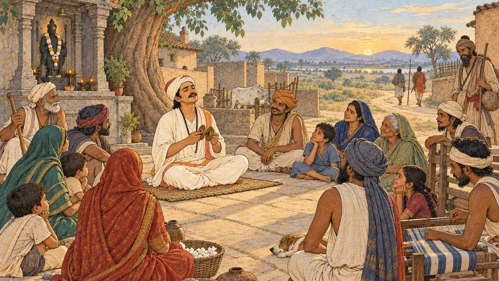 An imagined medieval Namdev Ji sings with hand cymbals to a diverse circle of listeners in a village courtyard between a stone shrine and an open road.