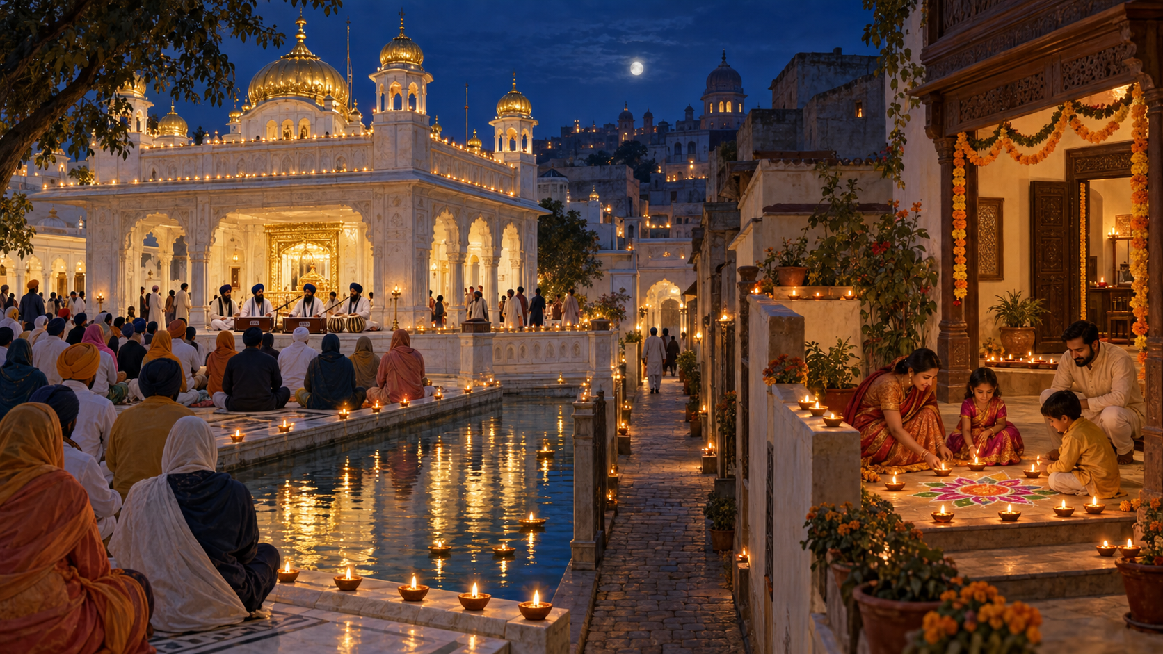 A Sikh congregation gathers at a lamp-lit gurdwara while a Hindu family lights diyas in a separate nearby home courtyard at night.