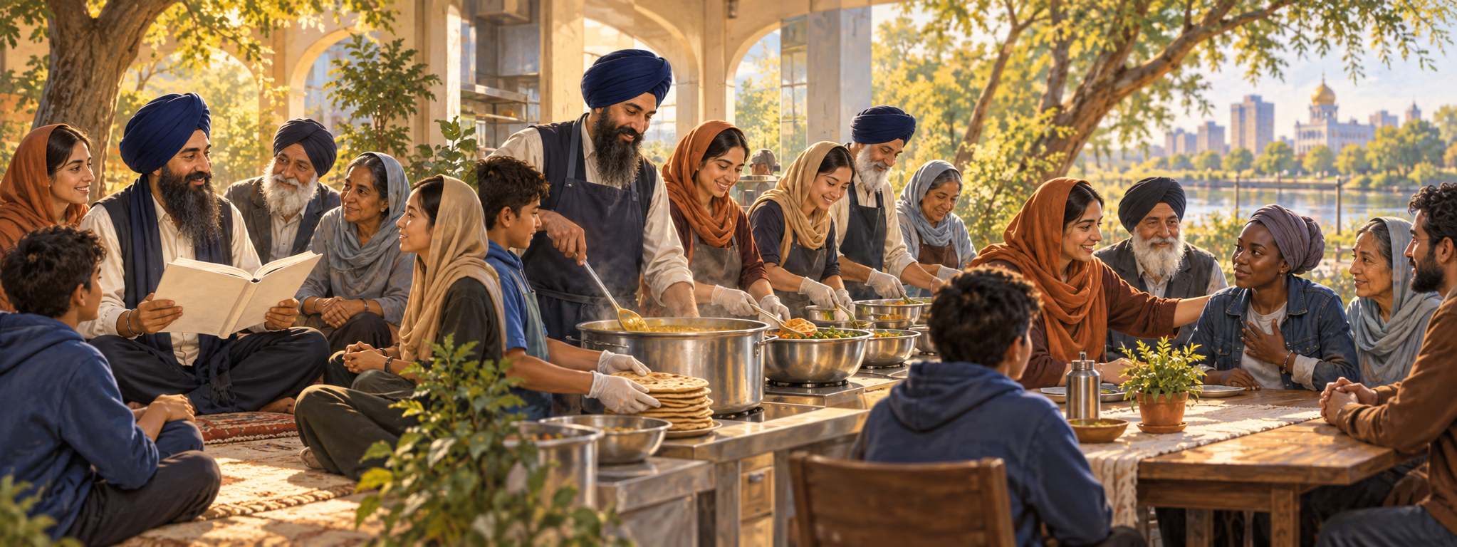 A continuous scene moves from a Sikh-led study circle to volunteers serving food and then to a learner welcoming a newcomer at a community table.