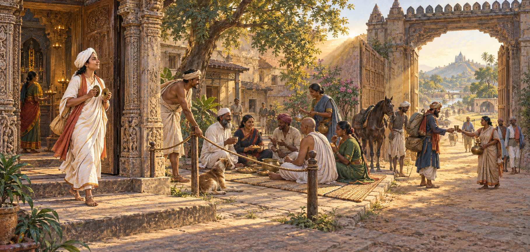 A devotional singer passes through an open sacred doorway, a lowered social barrier, and a regional gate as people sit together and offer travellers water.