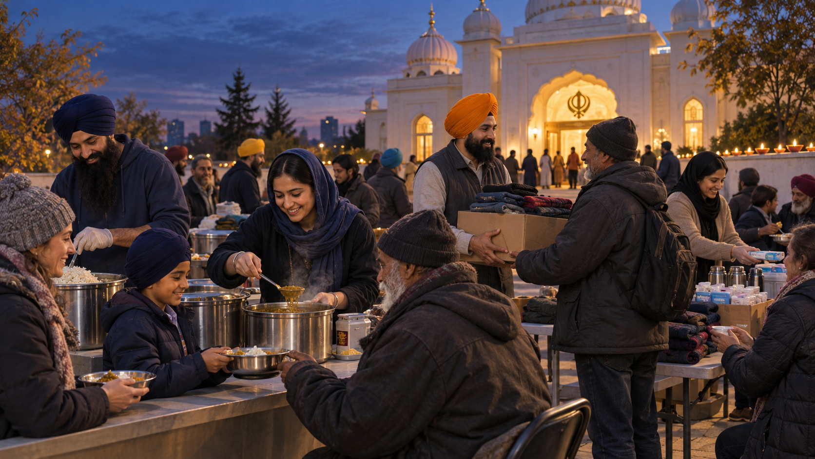 Volunteers and neighbors outside a gurdwara distribute meals, winter clothing, and supplies at dusk while a small row of lamps glows nearby.