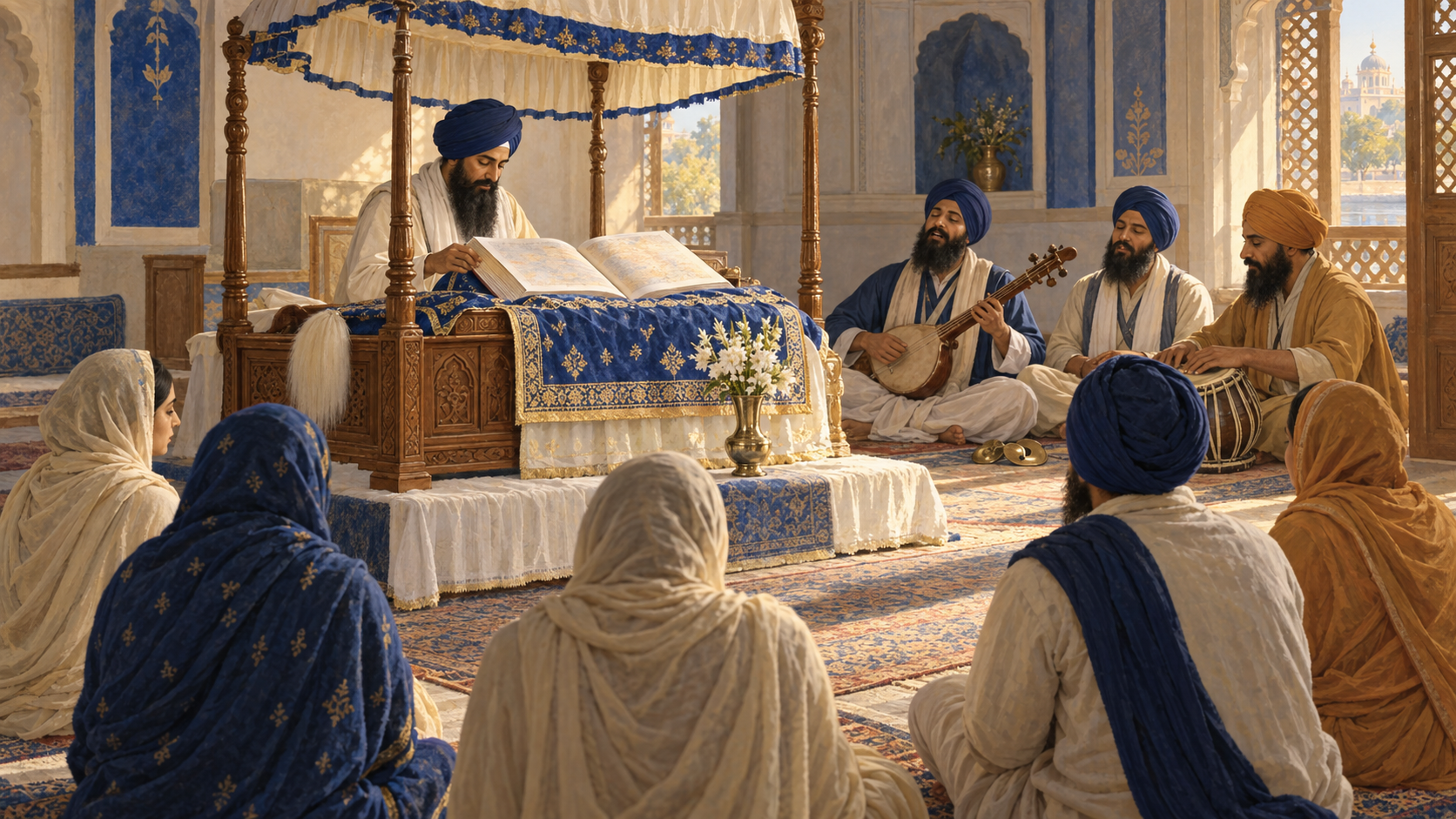 Covered-head readers and musicians sit respectfully around an elevated open scripture during a softly lit Sikh devotional study and kirtan gathering.