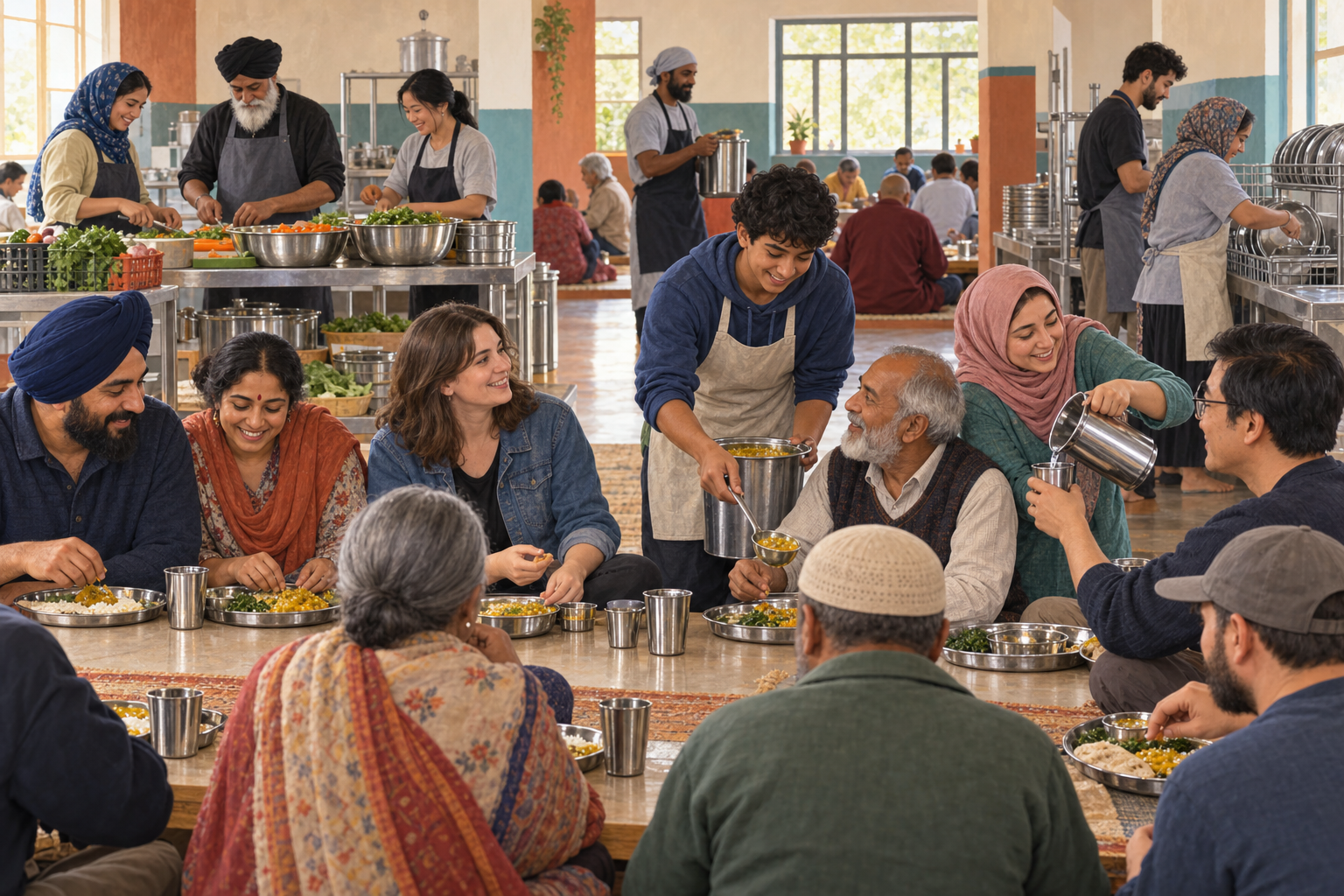 Volunteers and guests from varied backgrounds cook, serve, eat, and clean together during a community meal in a sunlit hall.