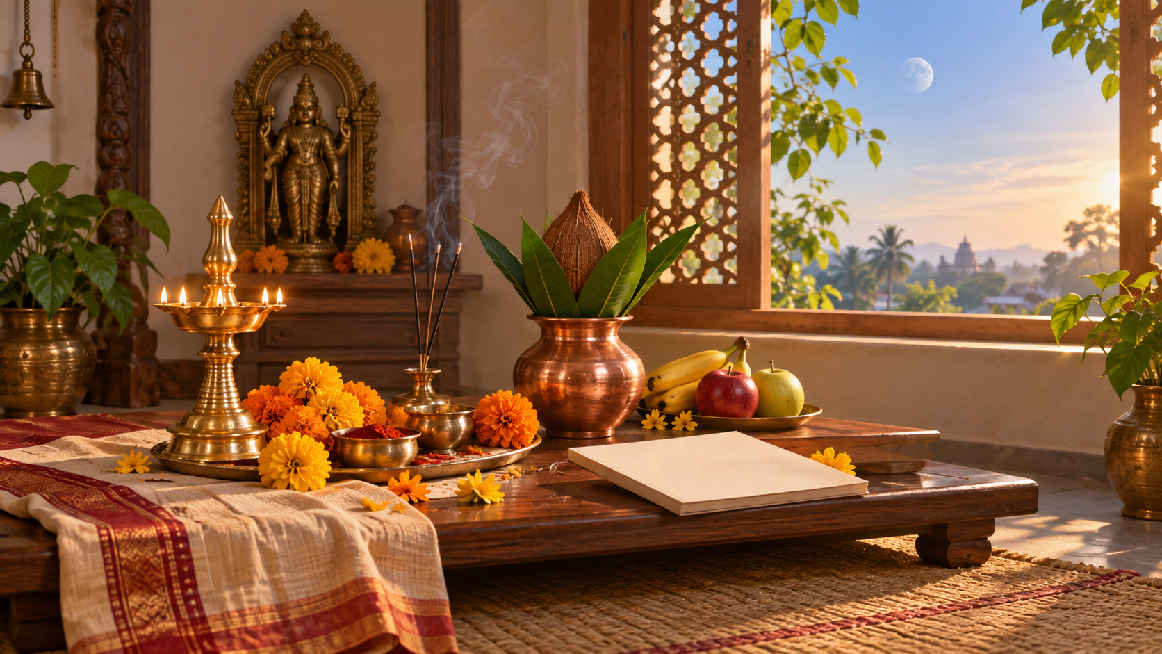 A brass lamp, kalasha, flowers, fruit, and incense arranged for morning Hindu worship beside a sunlit window with a faint waxing moon.