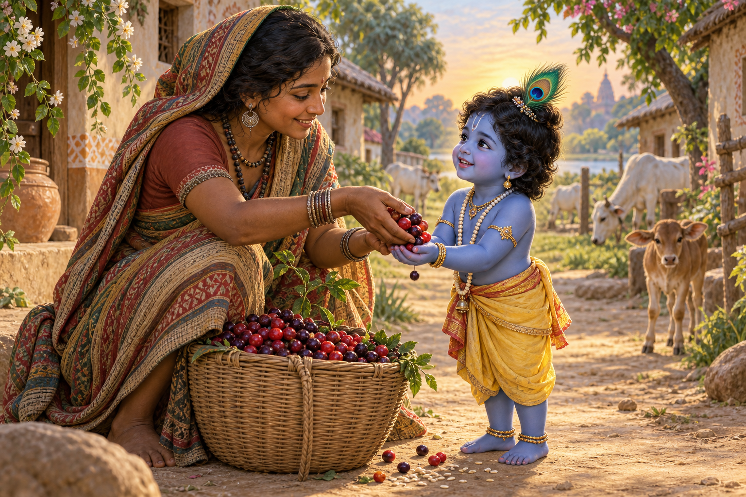 A berry seller gives fruit freely to child Krishna as grains spill from his cupped hands on a village path.