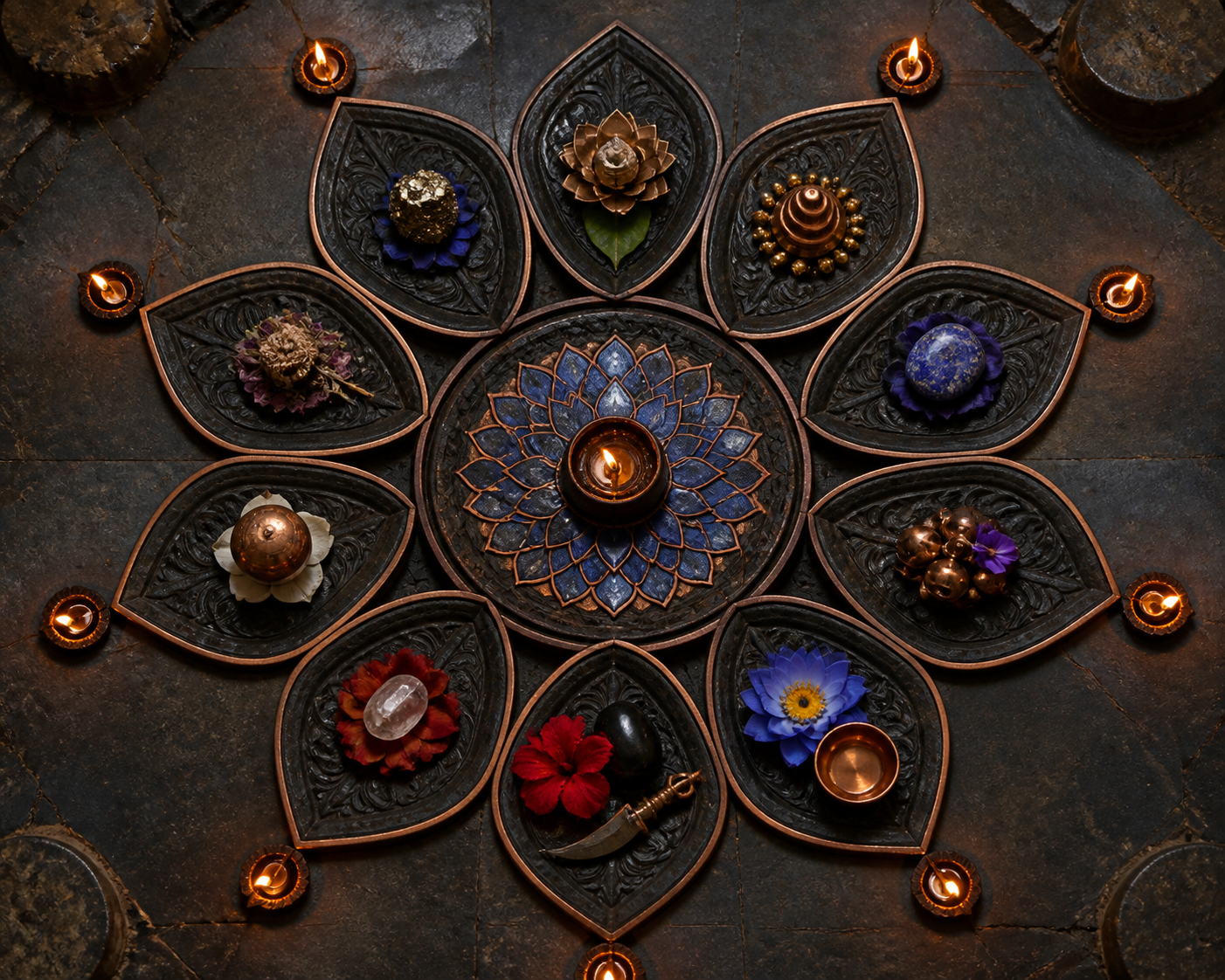 A ten-petaled circular lotus mandala has equal-sized petals, including adjacent black-and-red Kali symbols and blue Tara symbols.