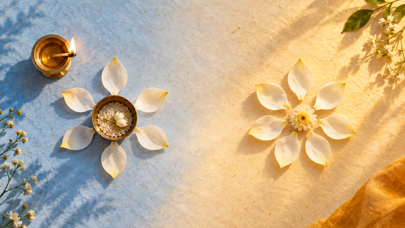 Two connected morning worship arrangements with six flower petals in cooler light and seven petals in warmer light, symbolizing a change of tithi.