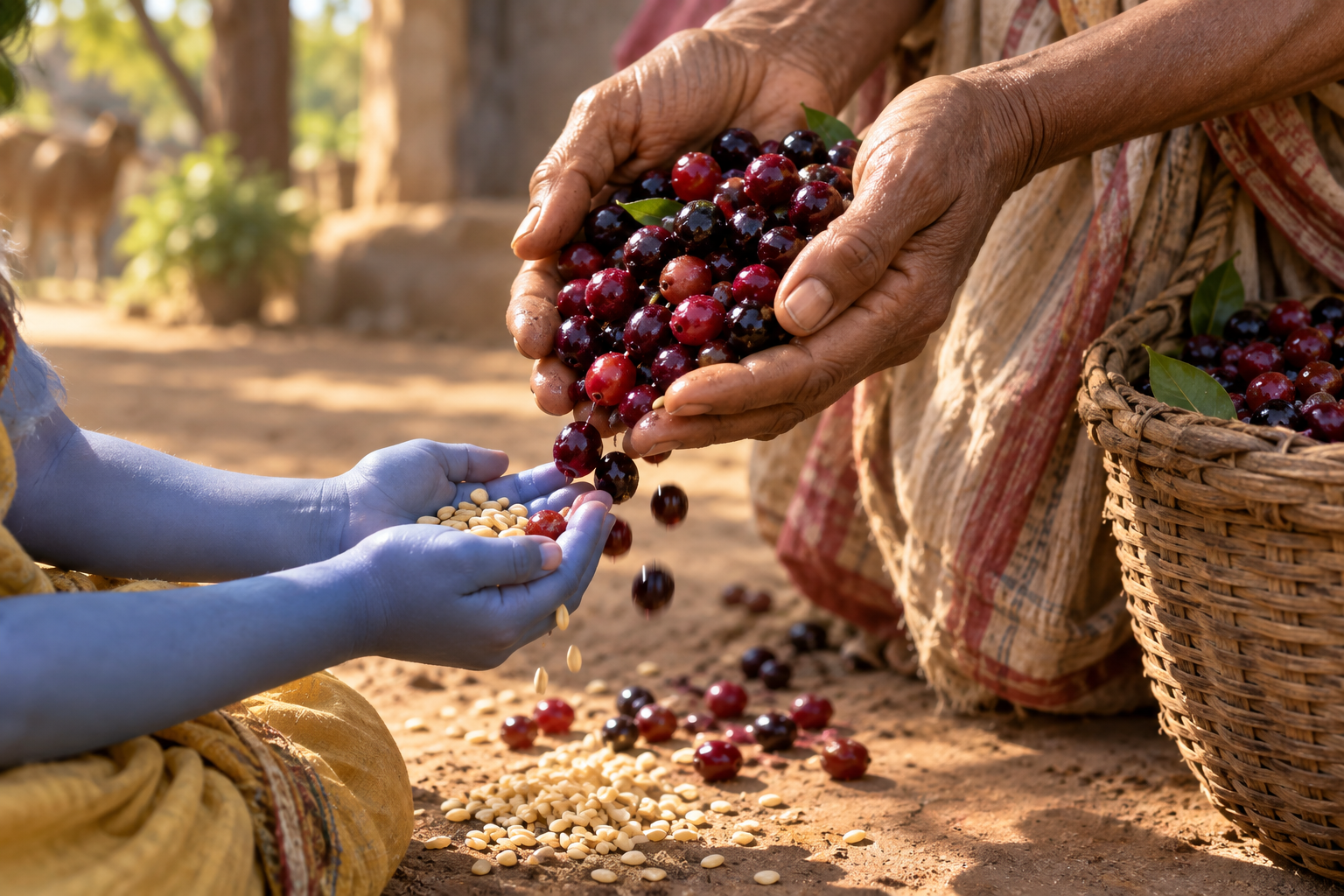The berry seller pours berries into Krishna's open hands despite most of his grain having fallen to the ground.