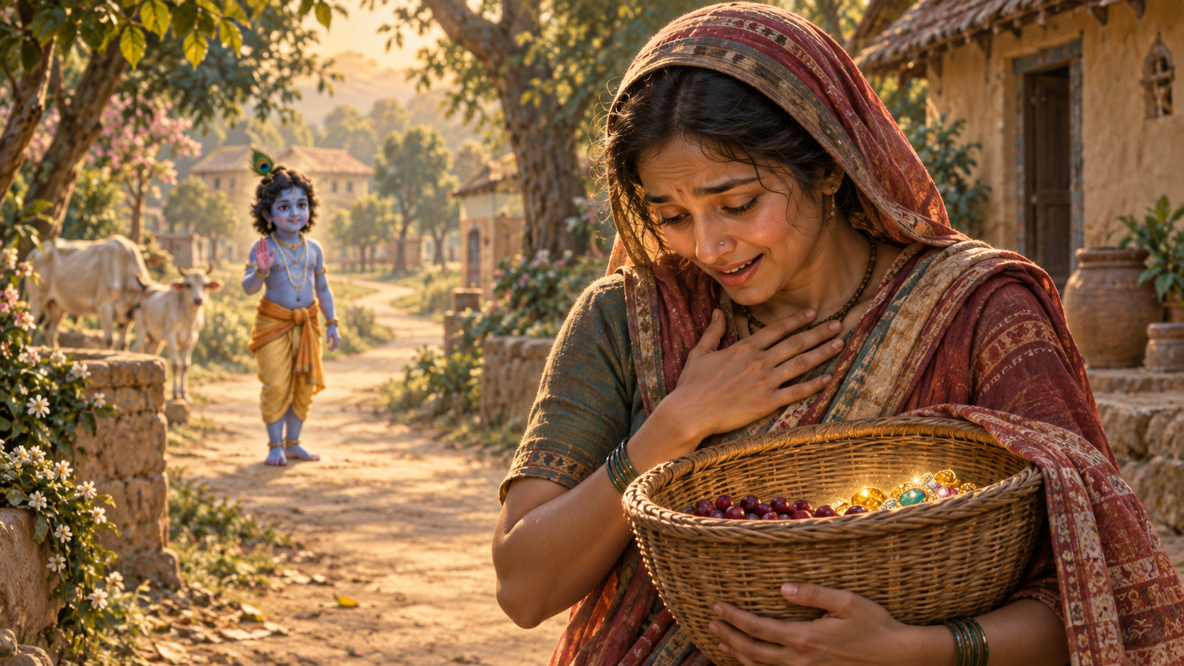 The berry seller looks into her softly glowing basket while child Krishna stands behind her on the village path.