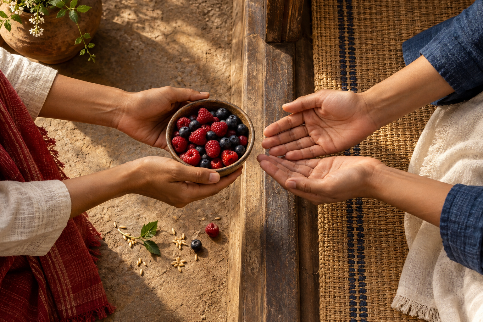 One person offers a small bowl of berries into another person's open hands beside a few grains on a woven mat.