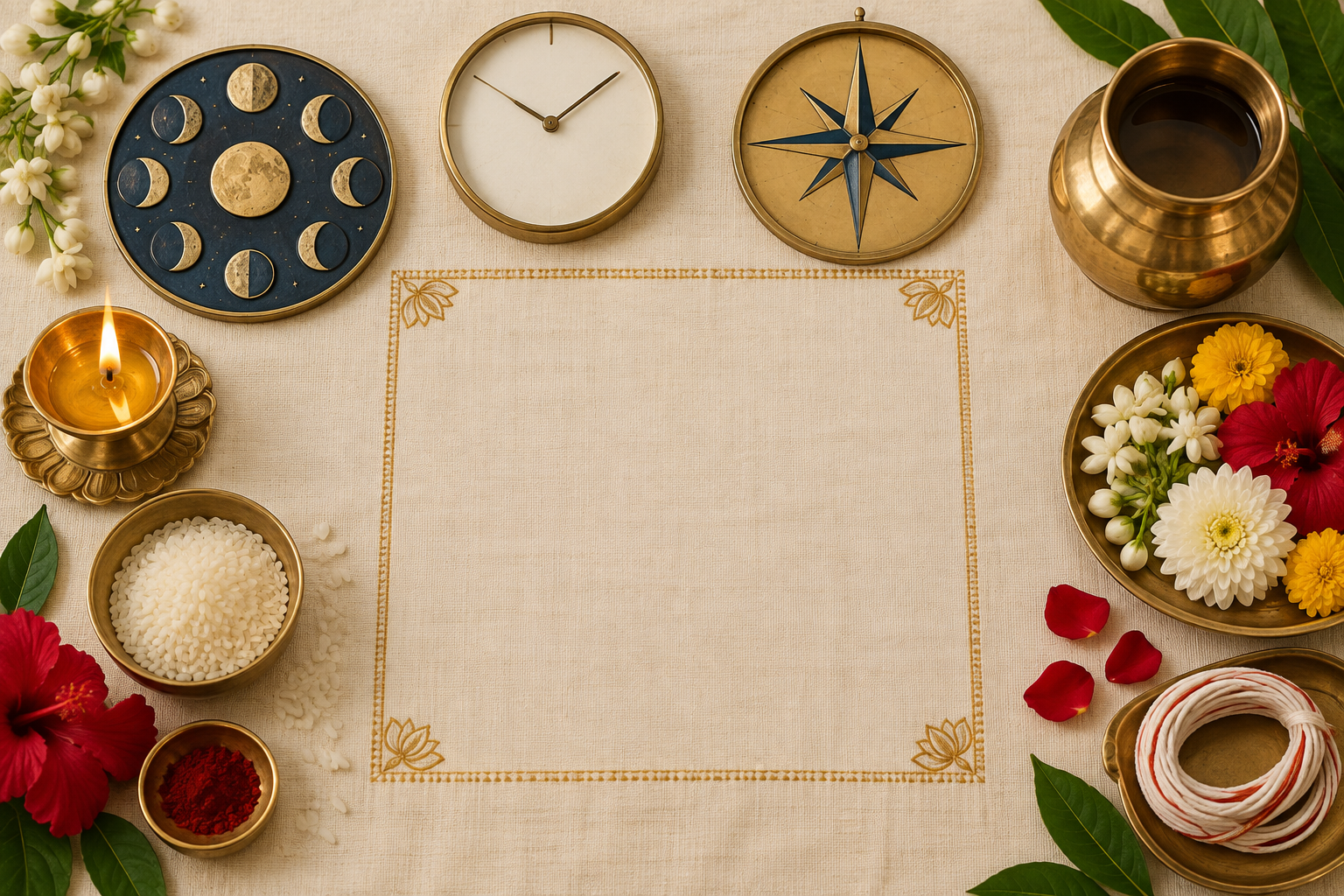 A ritual arrangement with a lunar symbol, unnumbered clock, compass, lamp, flowers, rice, water vessel, and sacred thread.