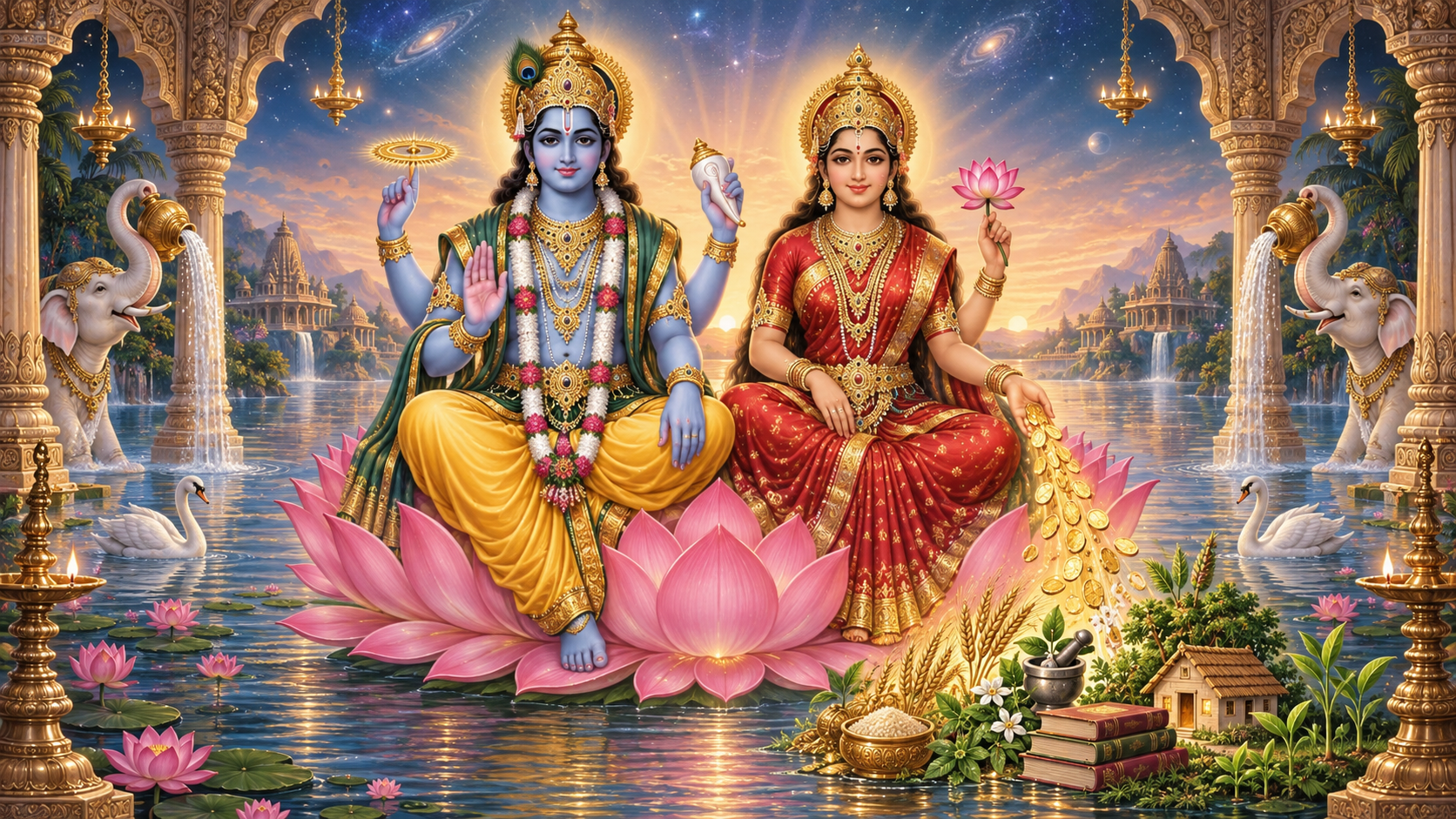Lakshmi and Vishnu sit together on a luminous lotus as falling golden coins become grain, medicine, books, shelter, and green plants.