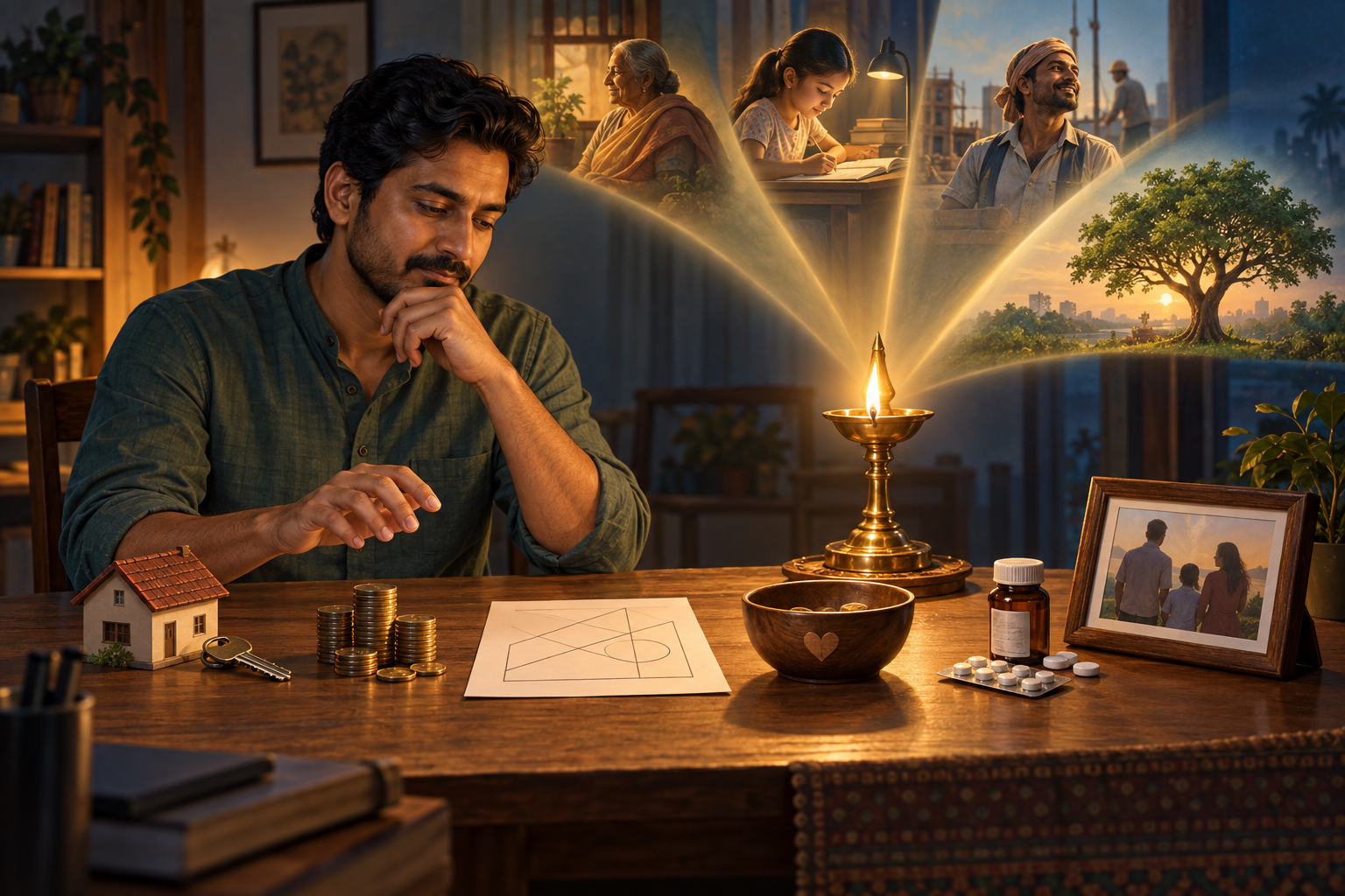A person considers keys, coins, a donation bowl, medicine, and financial papers beside an oil lamp, with family, worker, and tree imagery in the background.
