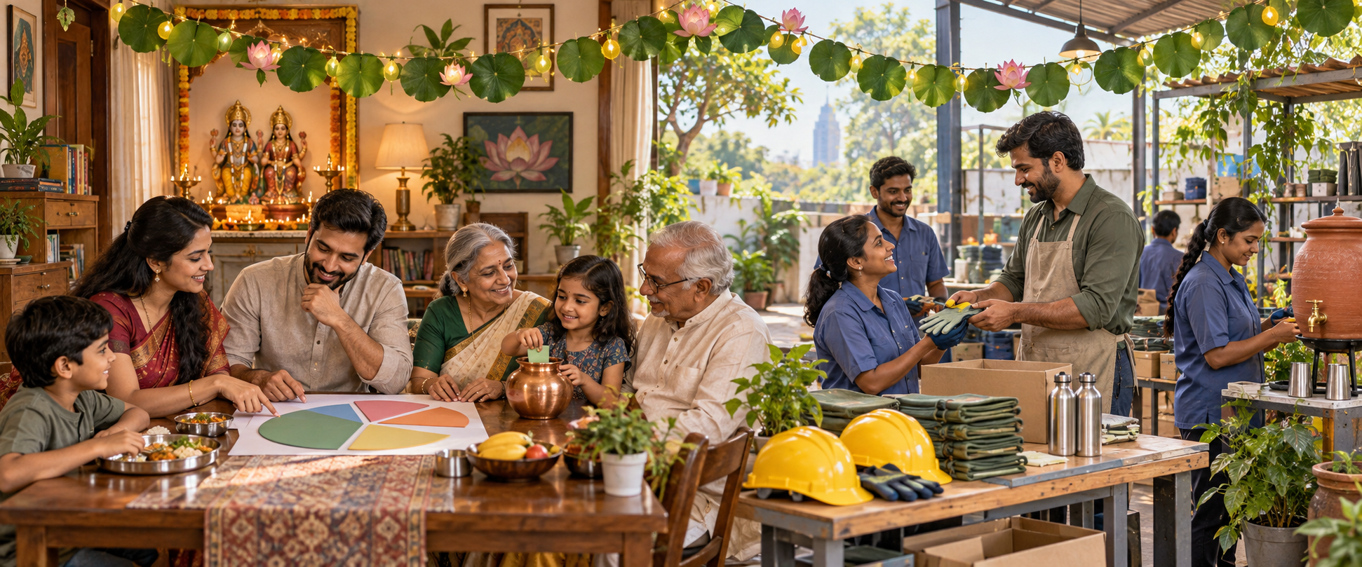 A family shares food and sets aside a donation while a business owner supports workers in a safe, bright workshop.