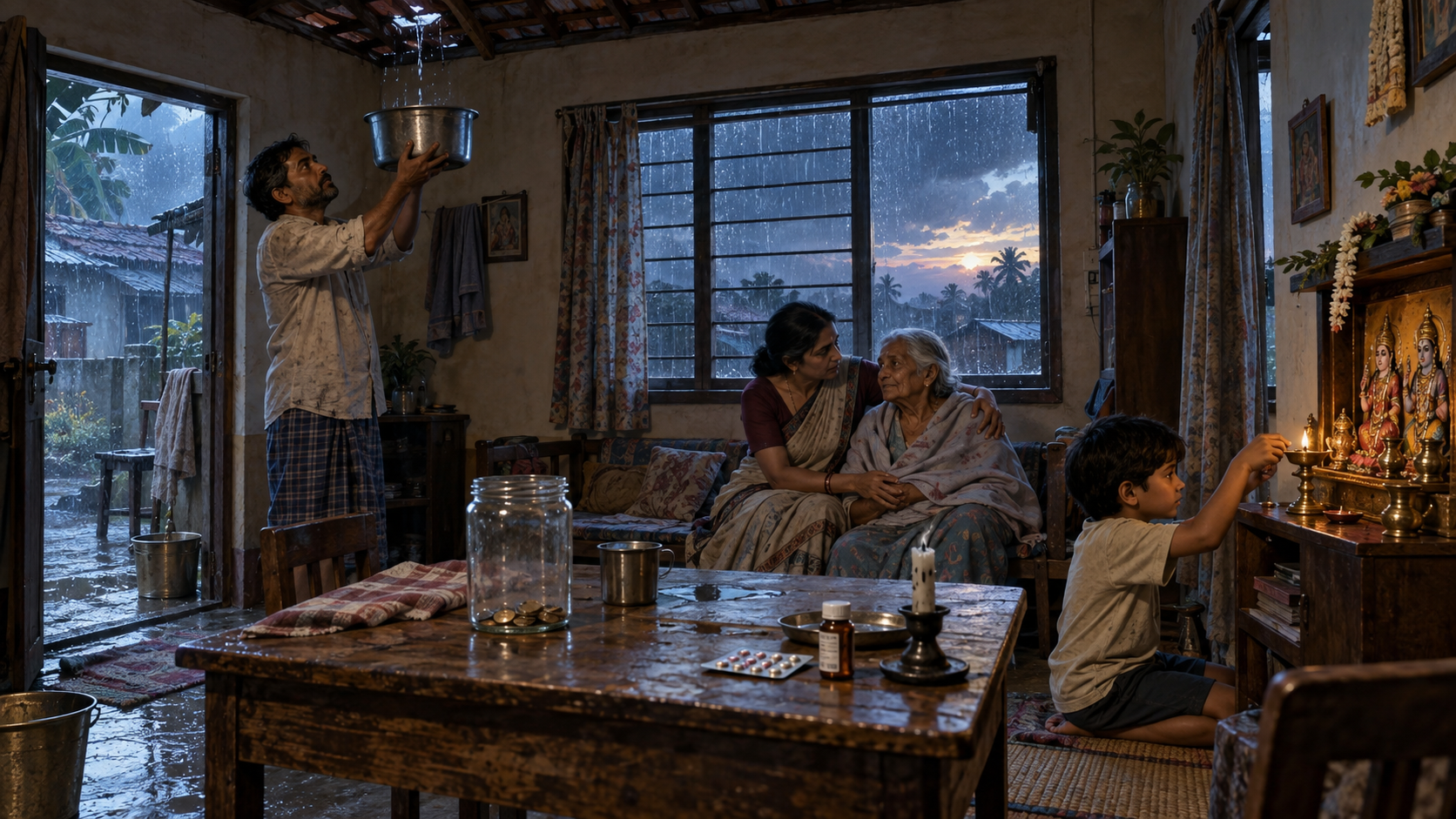 A family supports one another in a storm-damaged home while relighting an oil lamp before a small Lakshmi-Vishnu shrine.