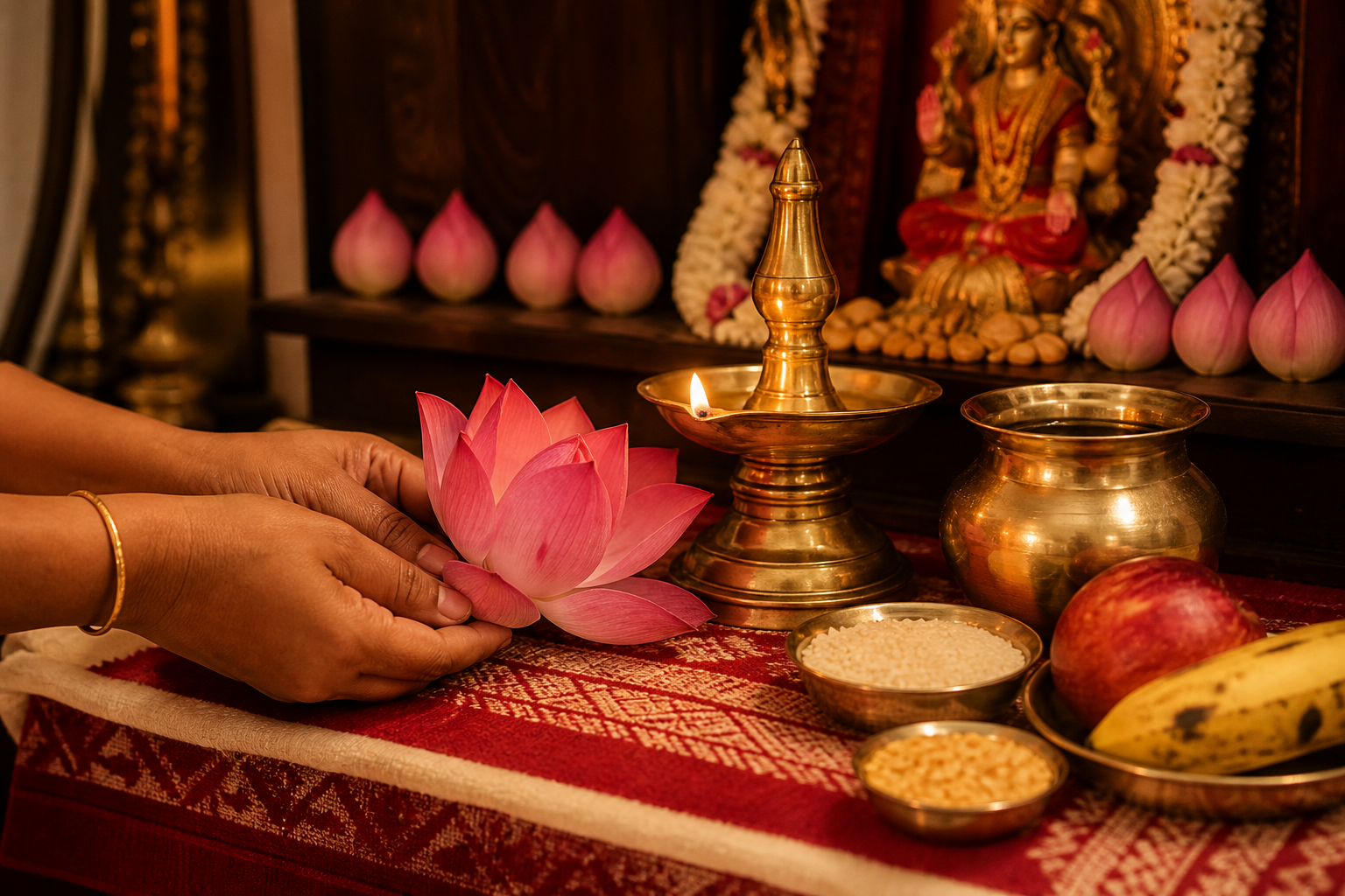 A devotee places a pink lotus on a home altar with a brass lamp, water vessel, fruit, grains, and a row of flower buds.