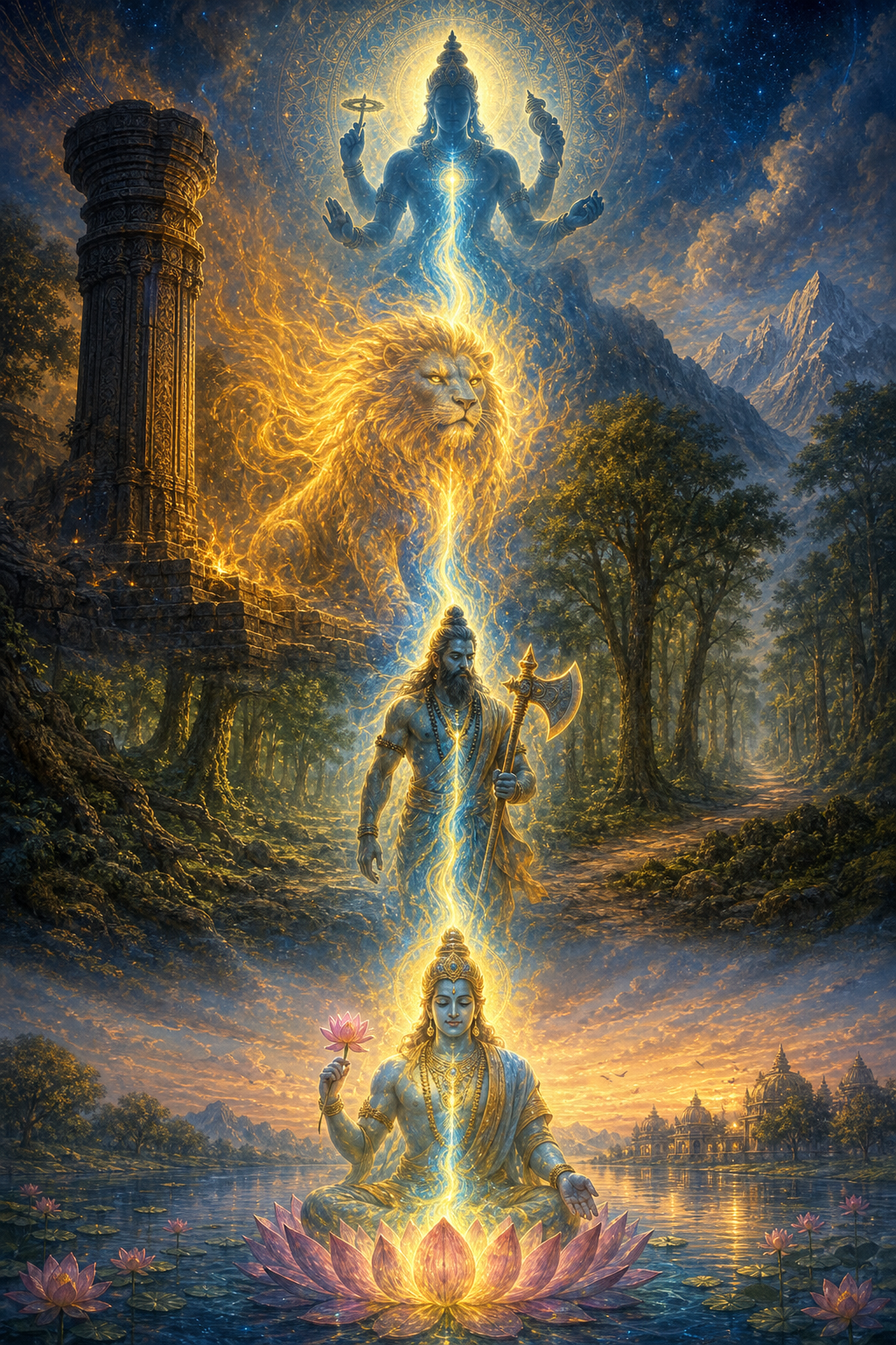 One continuous blue-gold light from Vishnu passes through several distinct sacred forms and landscapes.