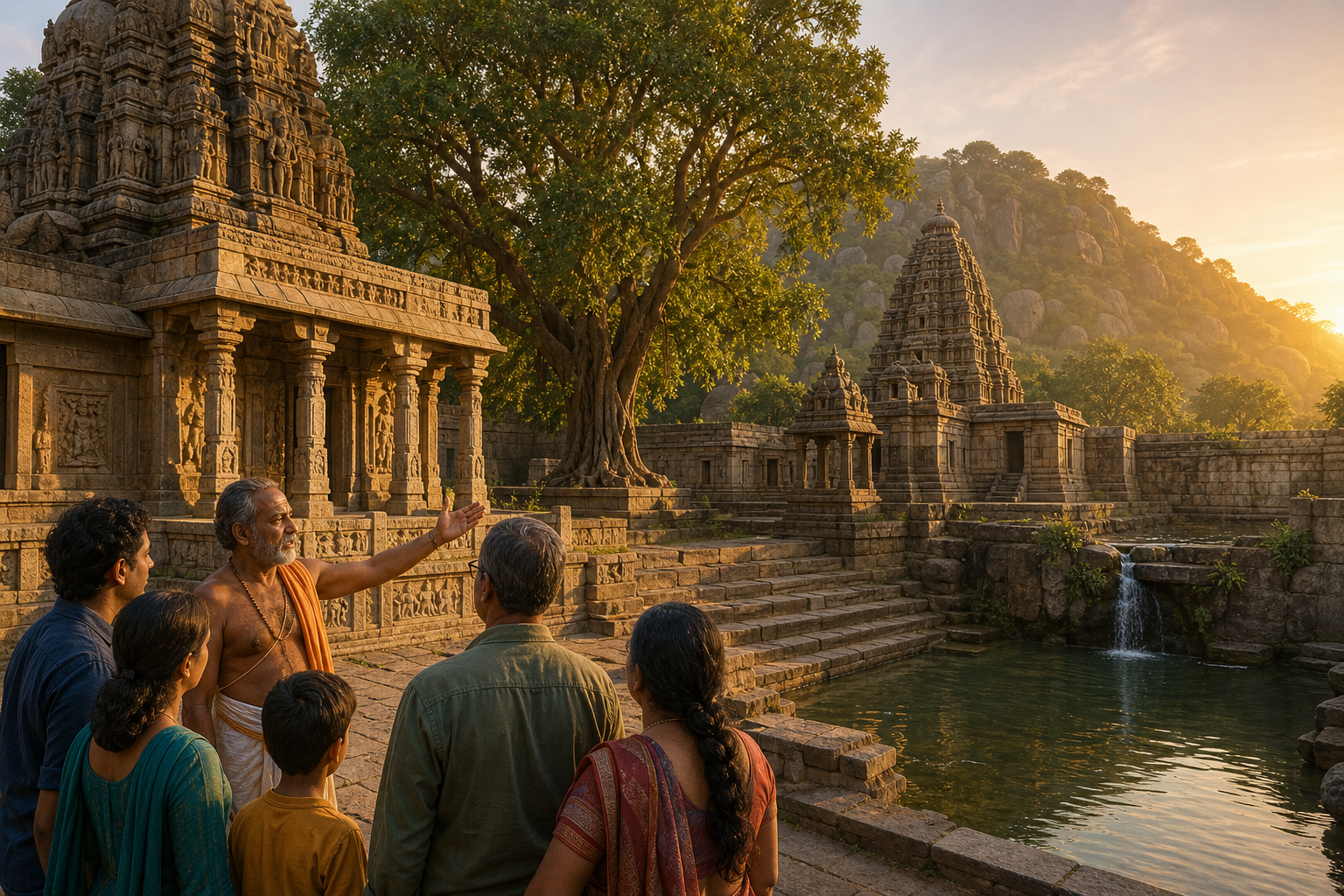 A priest speaks with visitors outside a historic stone temple beside a sacred fig tree, stepped tank, spring, and rocky hill at sunrise.