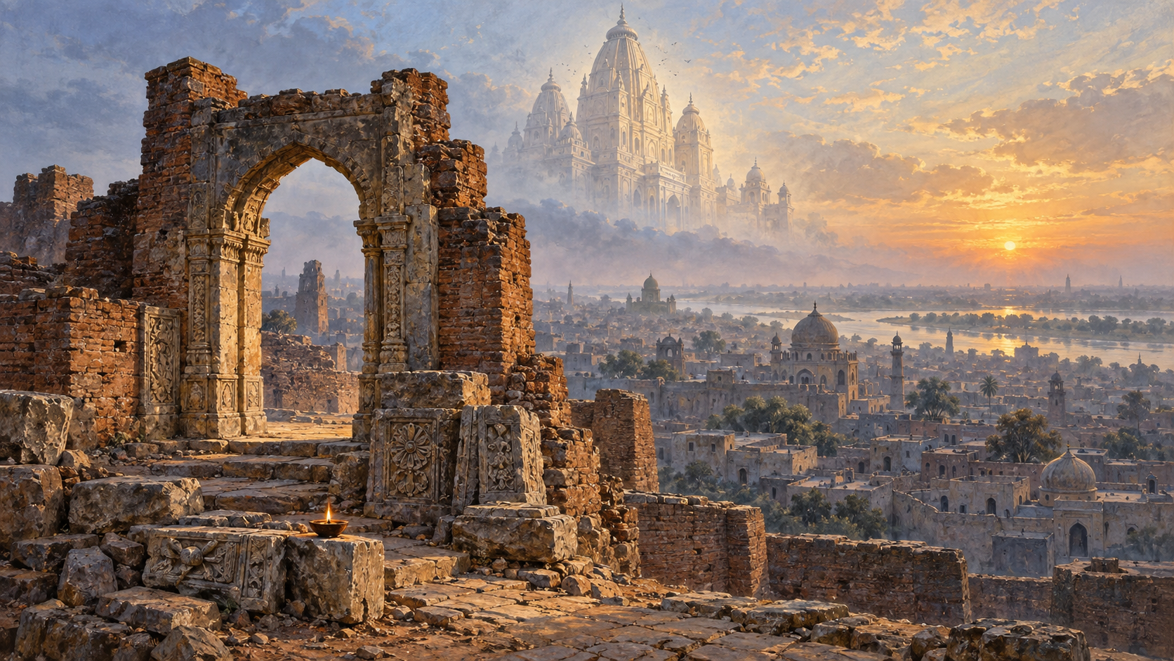 Editorial illustration of weathered temple ruins in old Multan with a translucent architectural silhouette rising above the historic city at dawn.