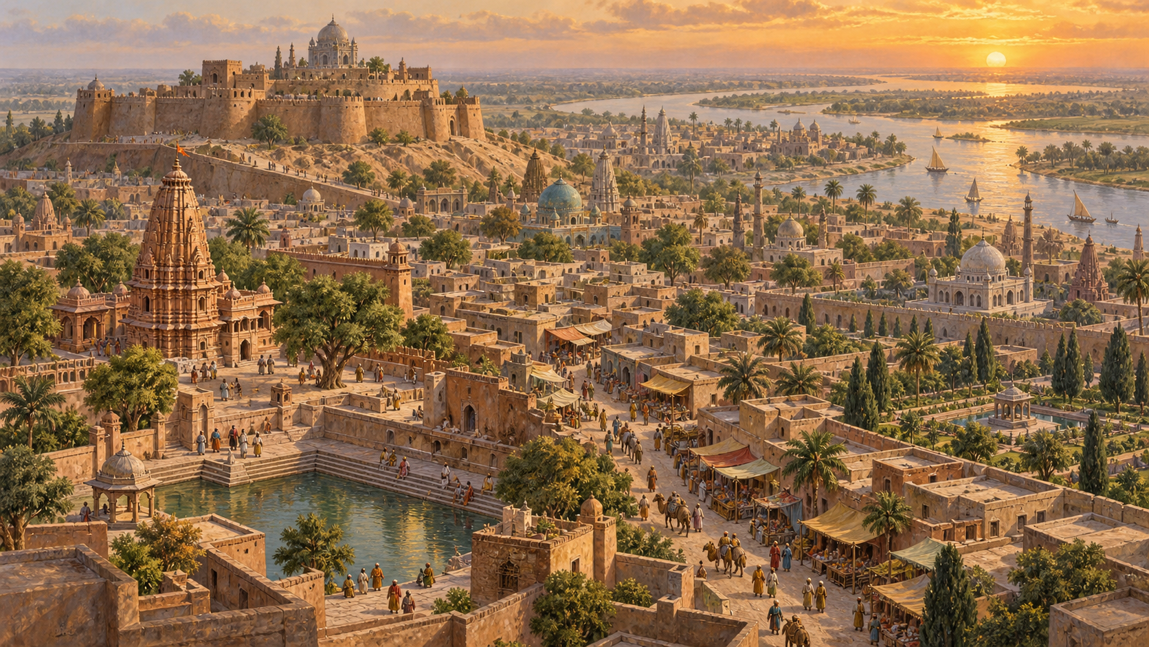 Panoramic illustration of historic Multan showing a fortified temple precinct, shrine domes, bazaars, courtyards, and surrounding river plain.