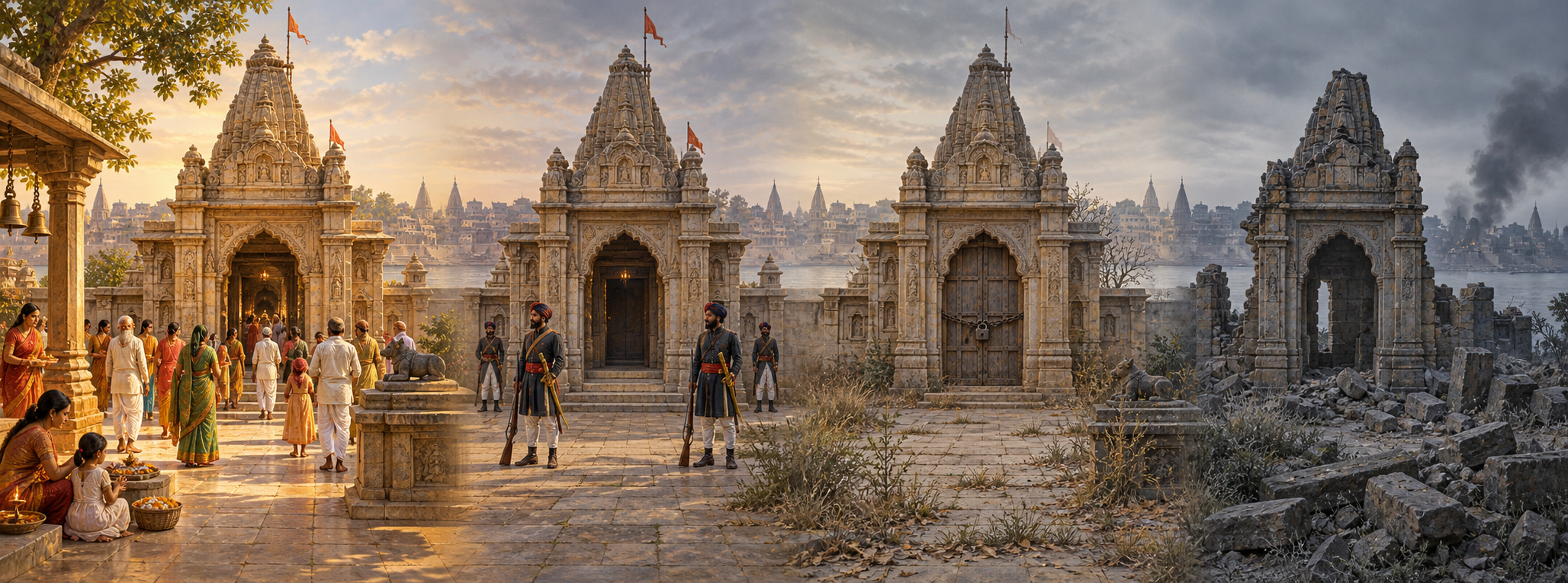 Four-part historical illustration showing a temple in active use, under armed protection, closed under administrative custody, and reduced to ruins.