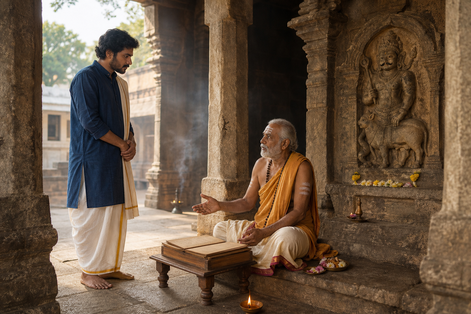 A seeker listens to an elderly teacher in a temple courtyard beside a carved relief of Yama and an open manuscript.