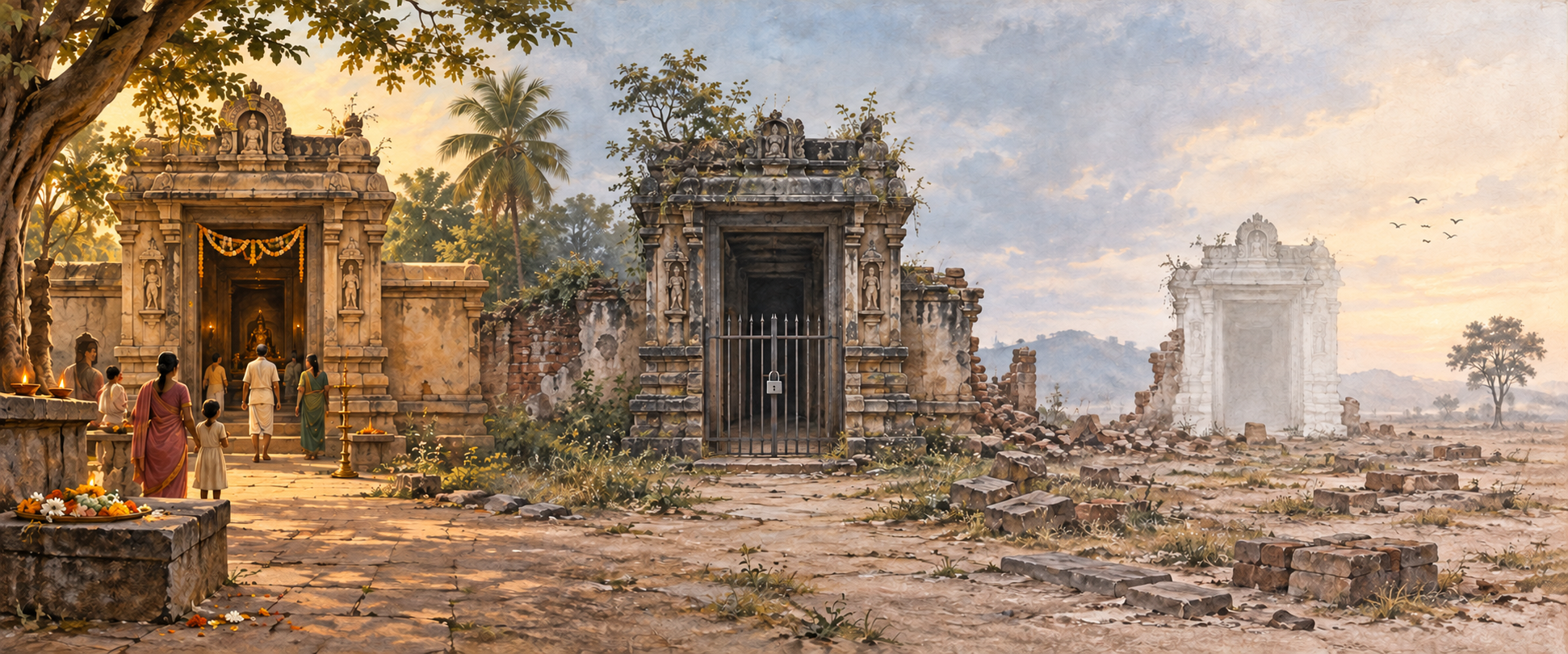 Three-stage conceptual illustration showing a living temple courtyard, a locked and deteriorating building, and an empty ruin with a fading doorway.