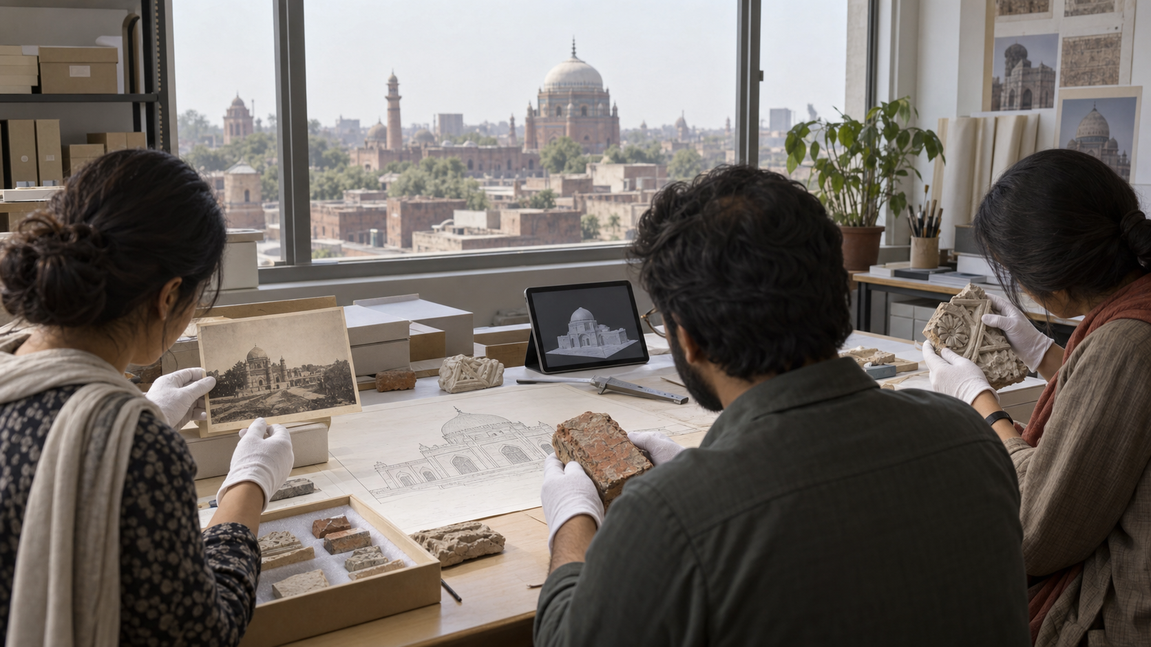 Illustration of three heritage specialists documenting old photographs, architectural outlines, brick fragments, and carved pieces in a conservation workspace.