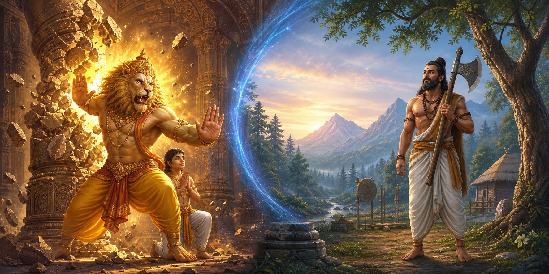 Narasimha protects the young Prahlada beside a shattered palace pillar while Parashurama stands with an axe in a peaceful forest hermitage.
