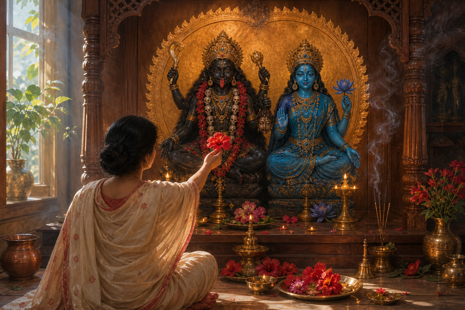 A devotee offers a red hibiscus to a Kali image while an equally sized Tara image stands beside it within the same illuminated shrine.