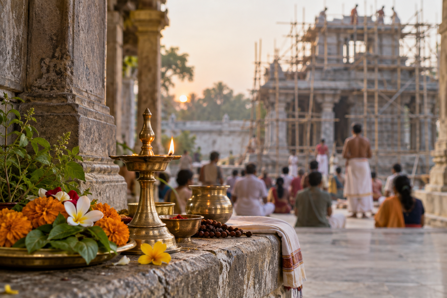 A brass lamp and flower offerings sit in the foreground as devotees gather near an unfinished temple structure.