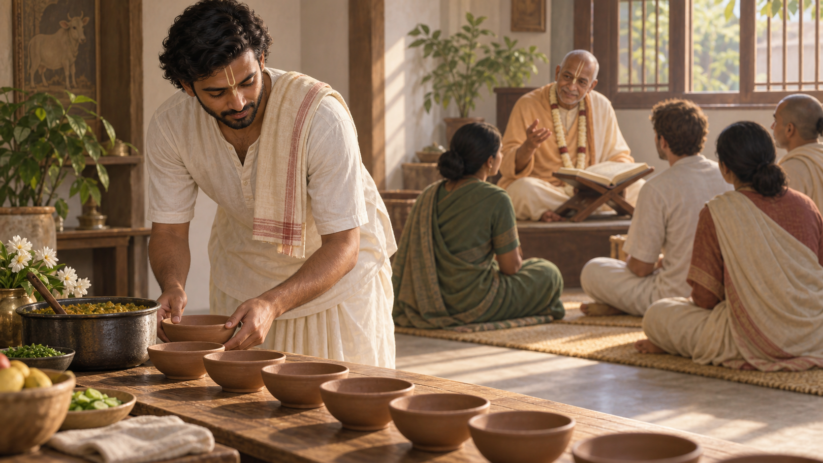 A practitioner moves from bowing respectfully to preparing a simple meal for others while a spiritual teacher guides students in the background.