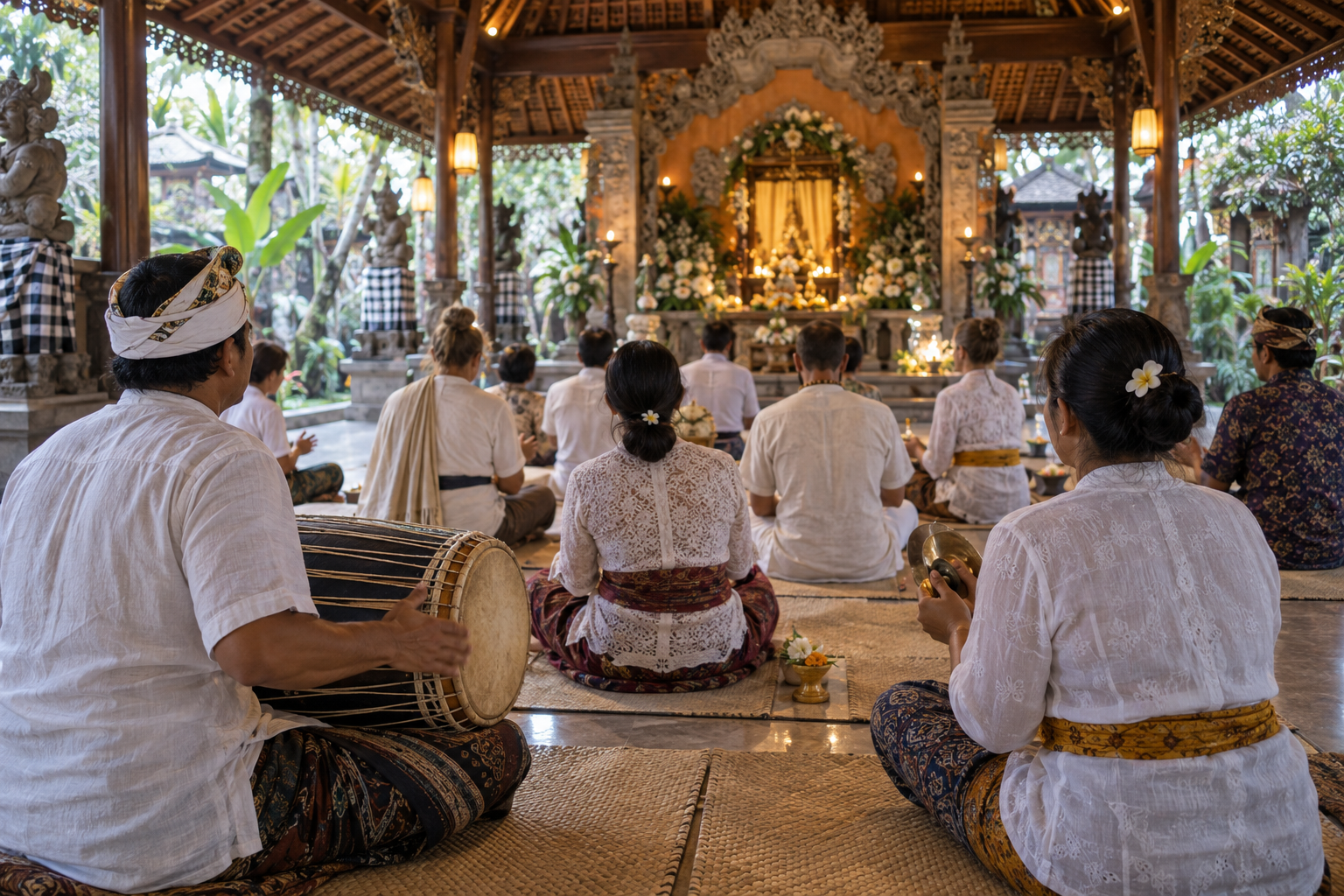 Devotees sit together in a Balinese worship hall during kirtan with a flower-decorated altar in the distance.
